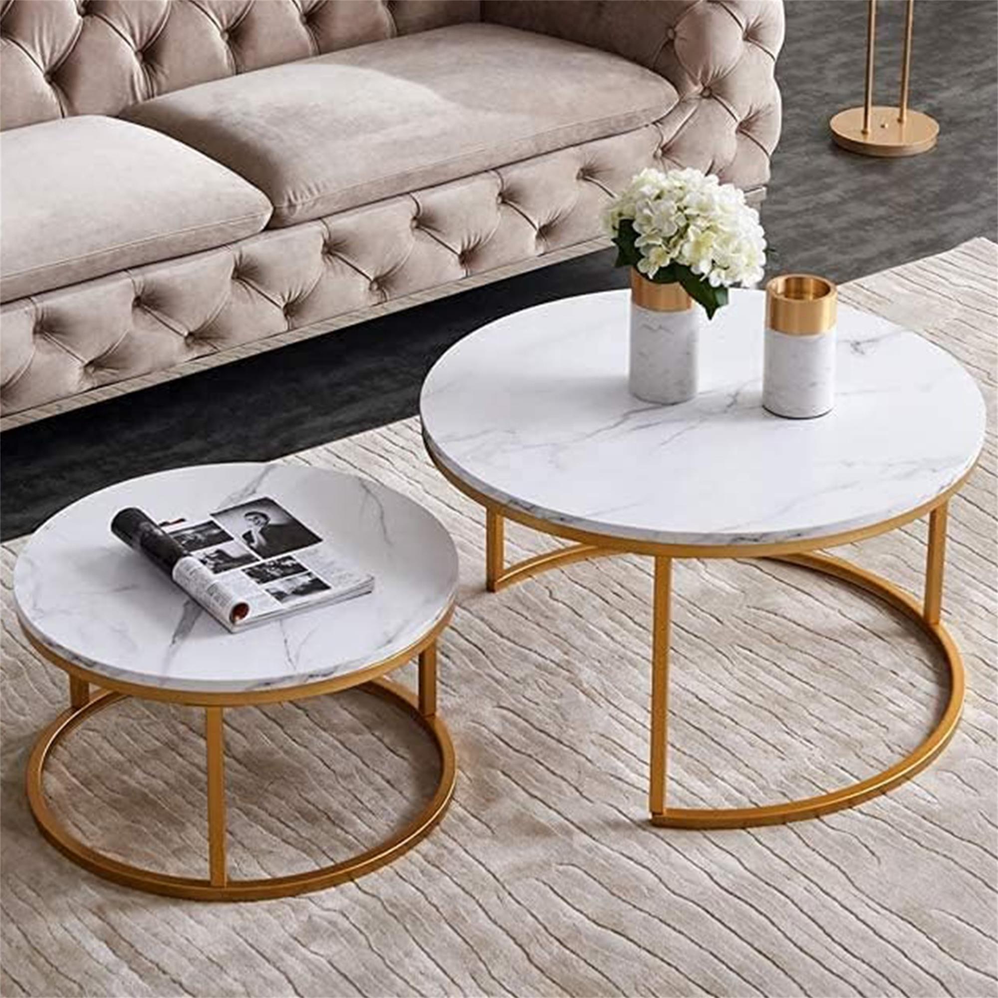 Kepooman 31.5" Nesting Coffee Table Set of 2, Round Nightstand with Faux Marble Wooden Top for Living Room, Golden