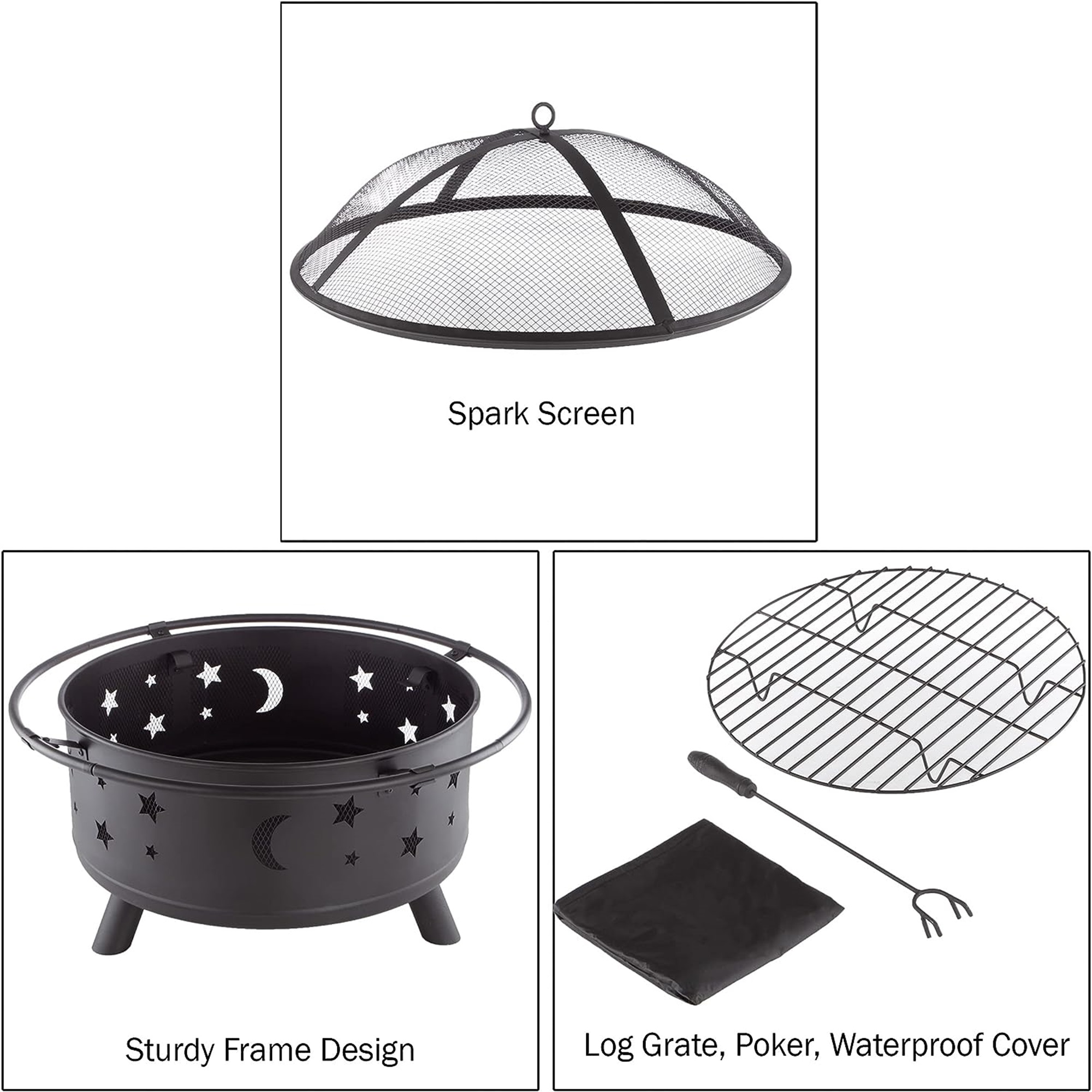 Spaco 32 inch Fire Pit for Outside Portable Wood Small Bowl for with Spark Screen, Fireplace Poker,