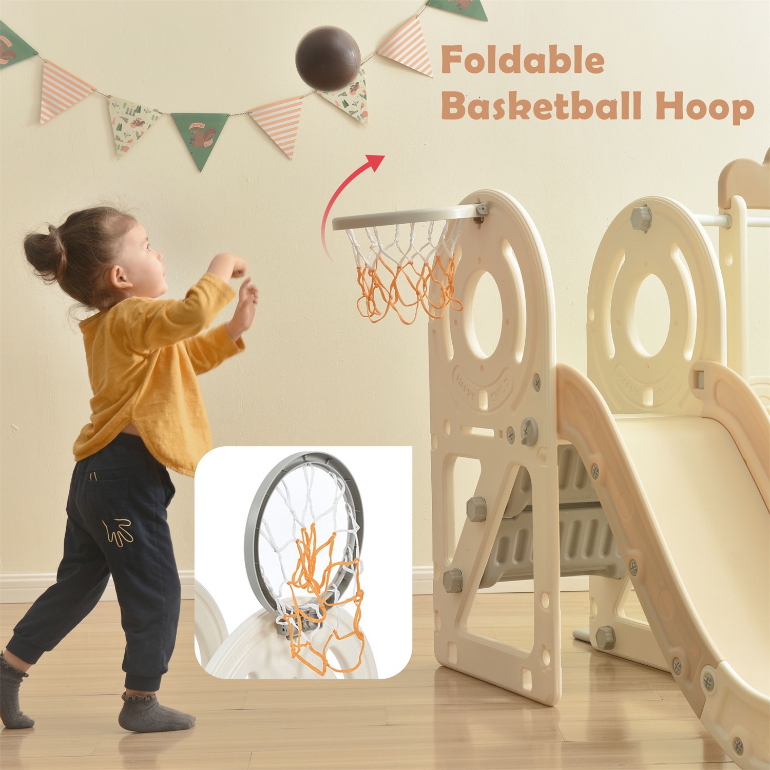 CIPACHO 4 in 1 Kids Slide Playset, Freestanding Bus Slide Set with Basketball Hoop, Beige