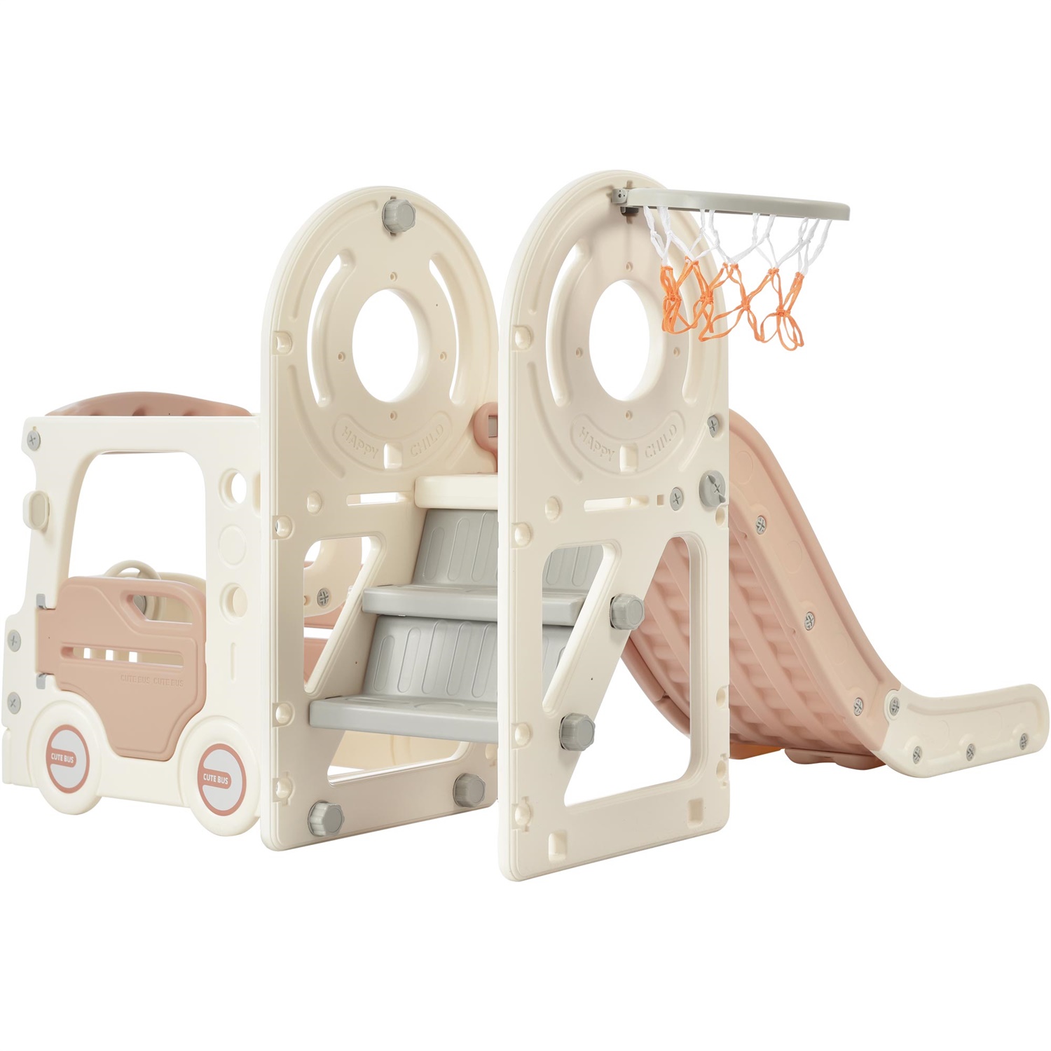 CIPACHO 4 in 1 Kids Slide Playset, Freestanding Bus Slide Set with Basketball Hoop, Beige