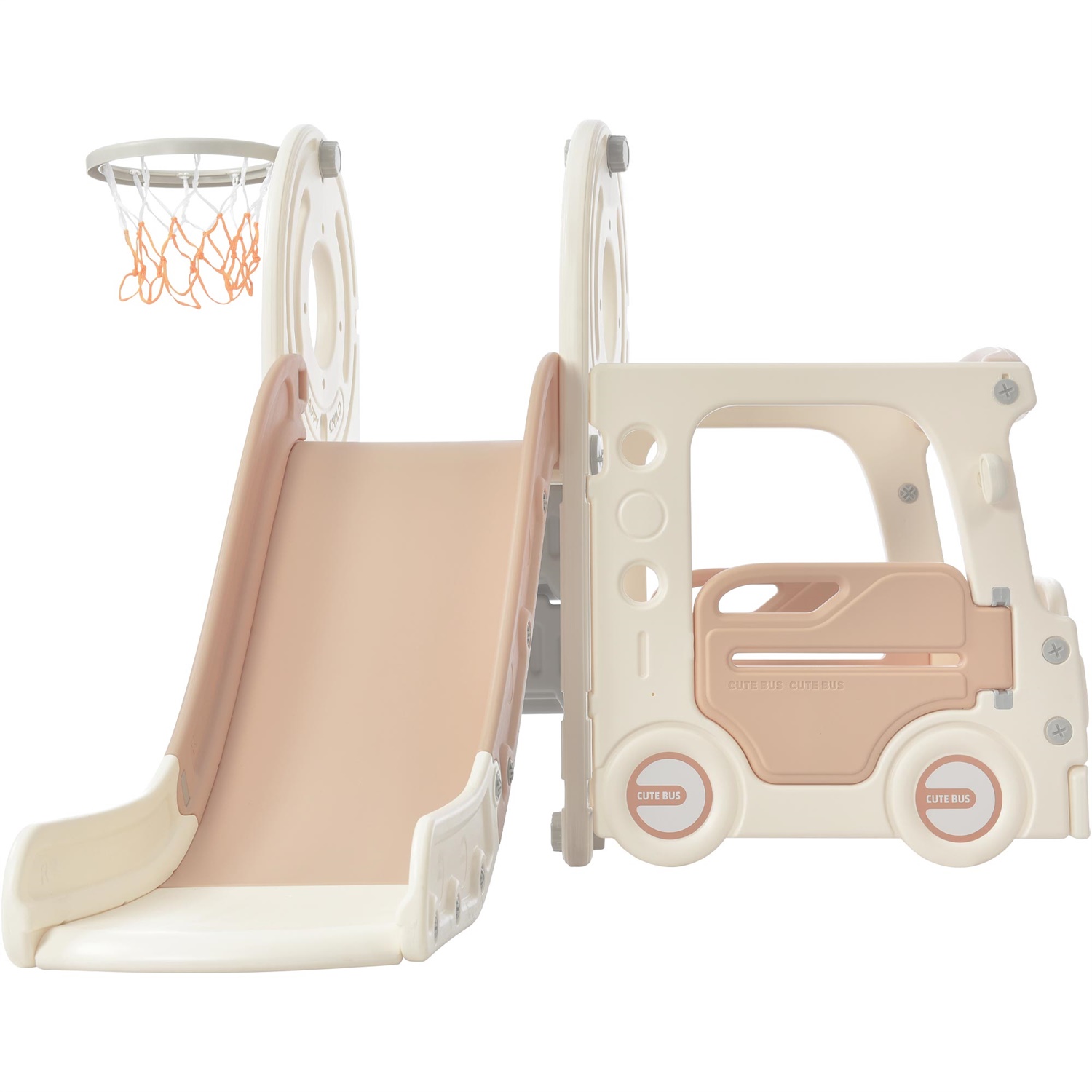 CIPACHO 4 in 1 Kids Slide Playset for Age 1-5, Freestanding Bus Slide Set for Toddlers with Basketball Hoop, Beige