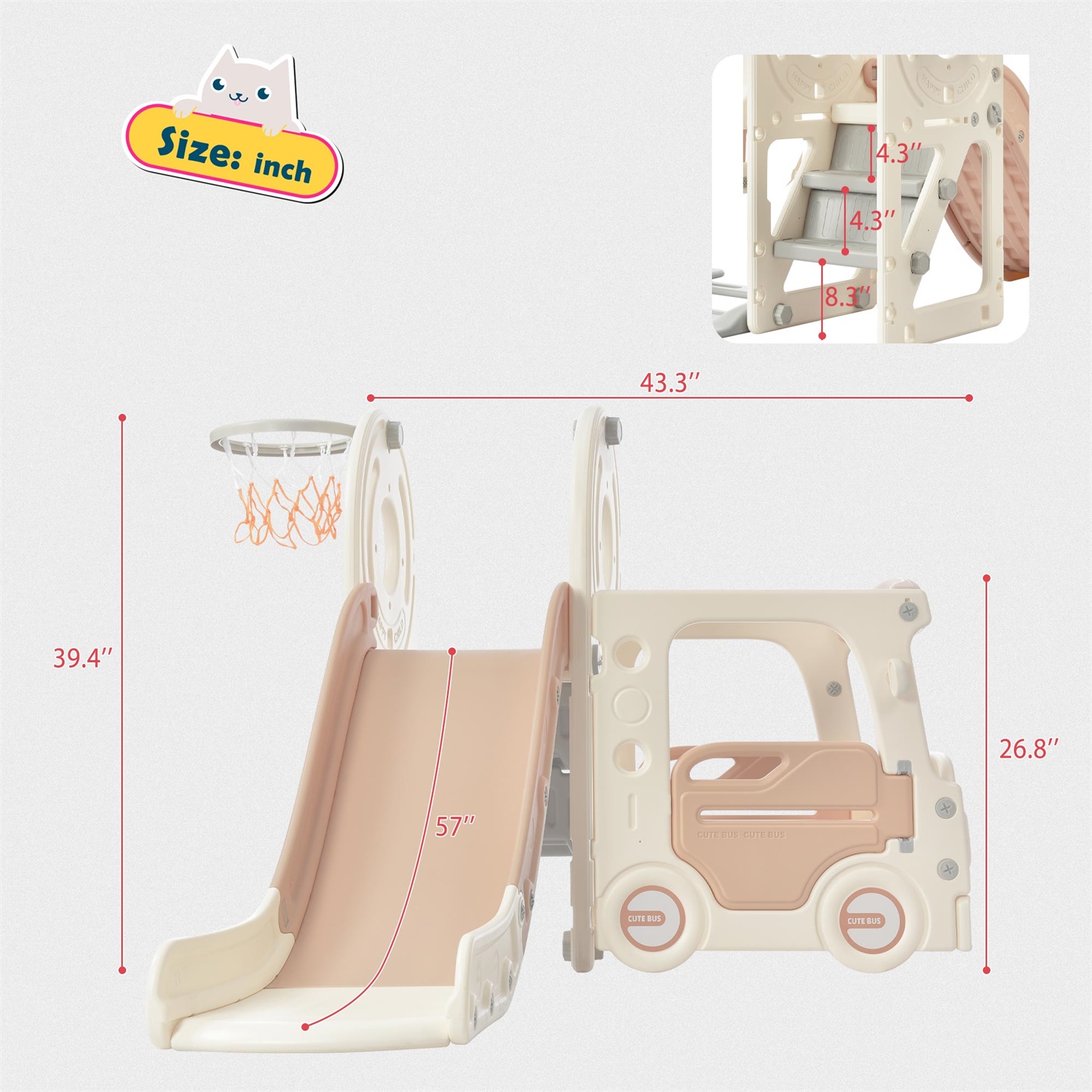 CIPACHO 4 in 1 Kids Slide Playset, Freestanding Bus Slide Set with Basketball Hoop, Beige