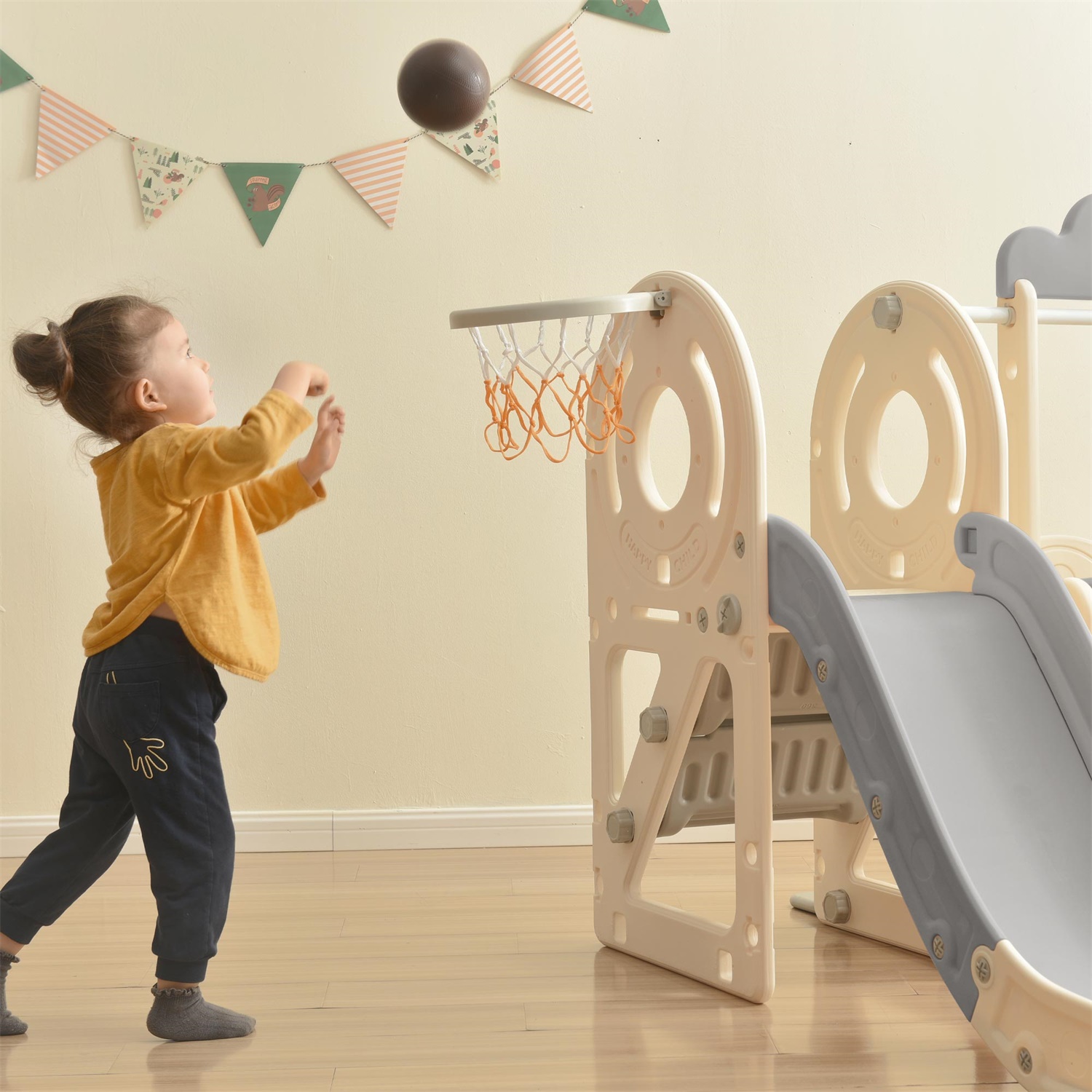 CIPACHO 4 in 1 Kids Slide Playset, Freestanding Bus Slide Set with Basketball Hoop, Gray