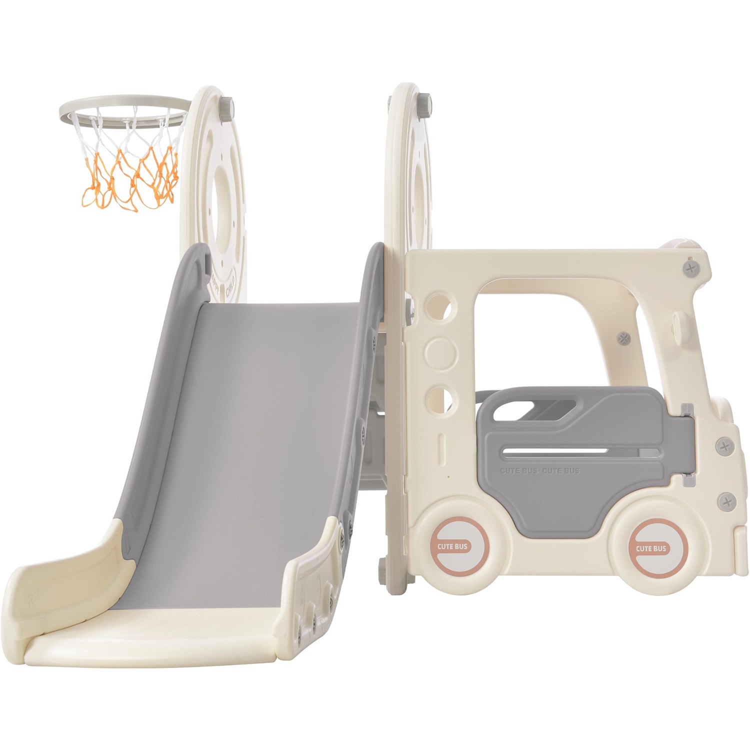 CIPACHO 4 in 1 Kids Slide Playset for Age 1-5, Freestanding Bus Slide Set for Toddlers with Basketball Hoop, Gray