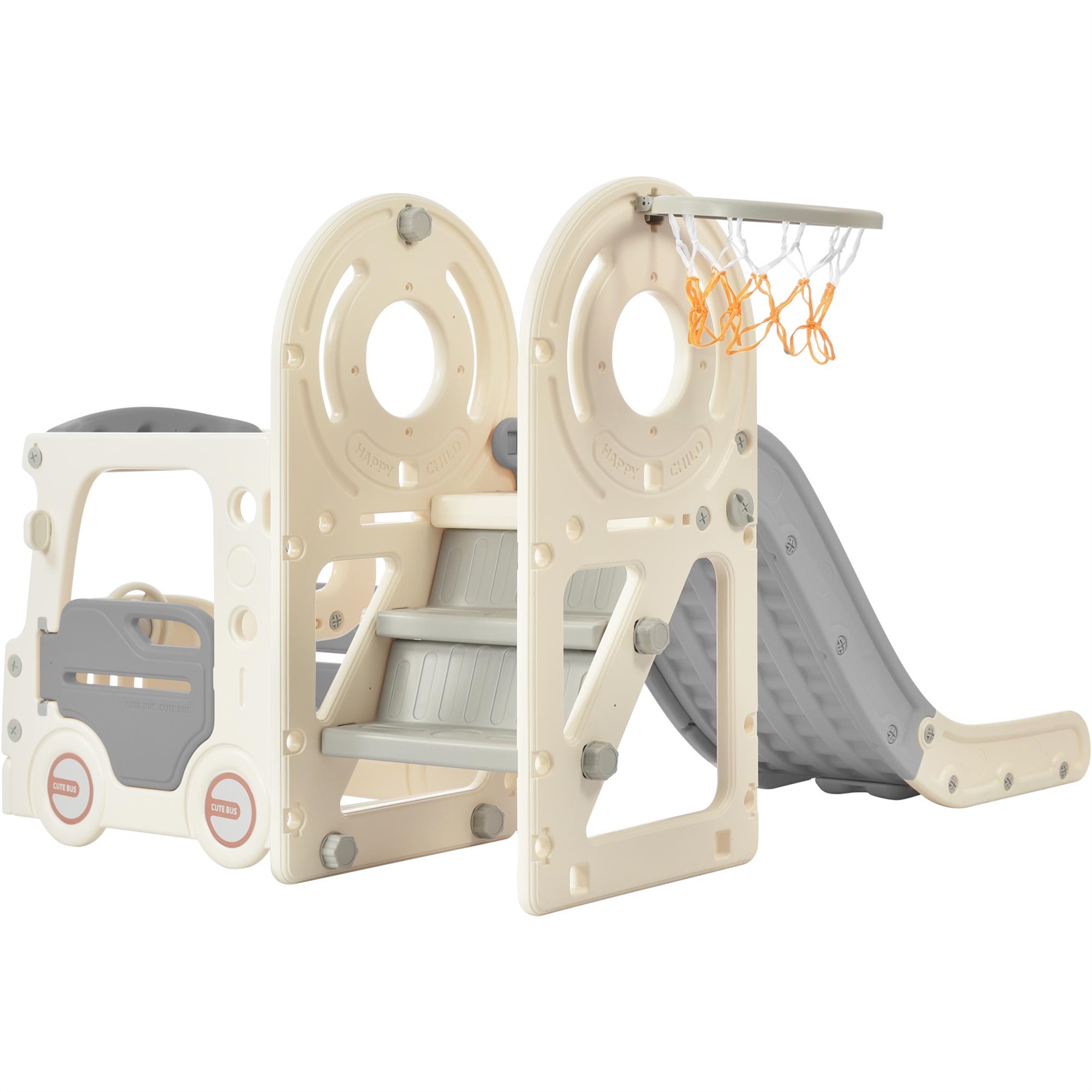 CIPACHO 4 in 1 Kids Slide Playset, Freestanding Bus Slide Set with Basketball Hoop, Gray