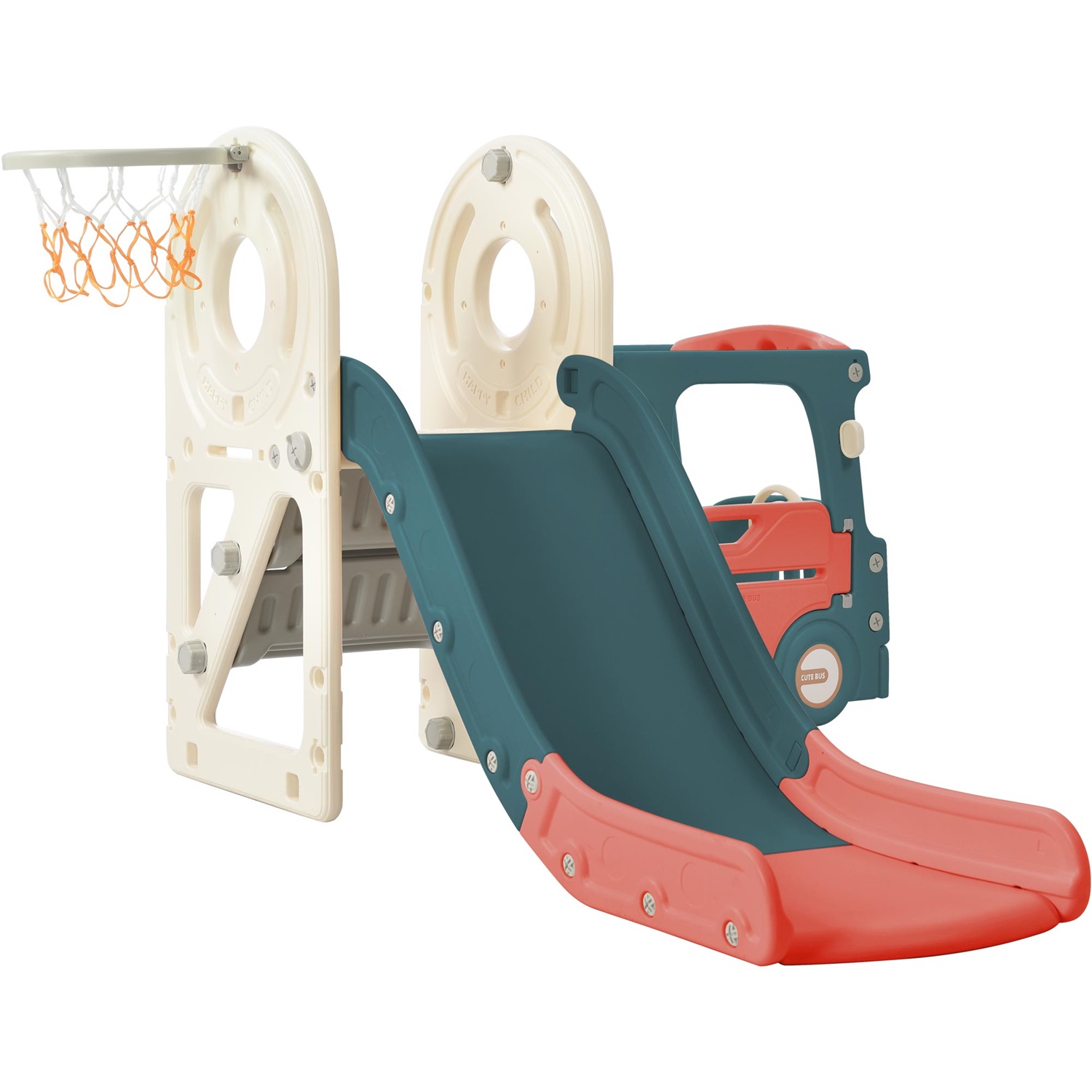 CIPACHO 4 in 1 Kids Slide Playset for Age 1-5, Freestanding Bus Slide Set for Toddlers with Basketball Hoop, Red