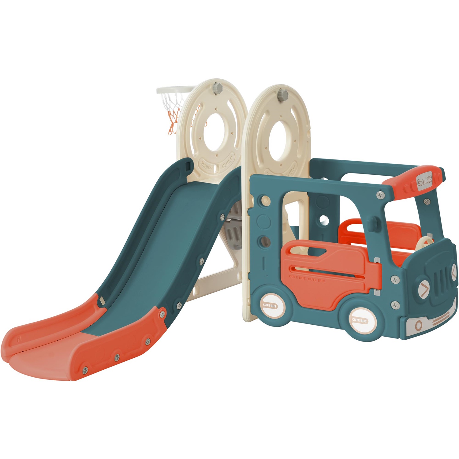 CIPACHO 4 in 1 Kids Slide Playset, Freestanding Bus Slide Set with Basketball Hoop, Red