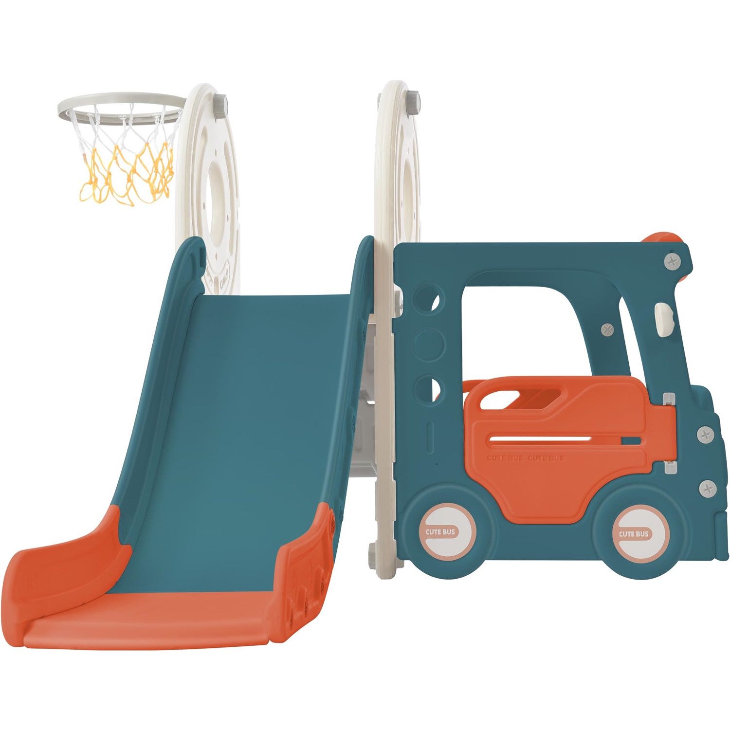 CIPACHO 4 in 1 Kids Slide Playset for Age 1-5, Freestanding Bus Slide Set for Toddlers with Basketball Hoop, Red