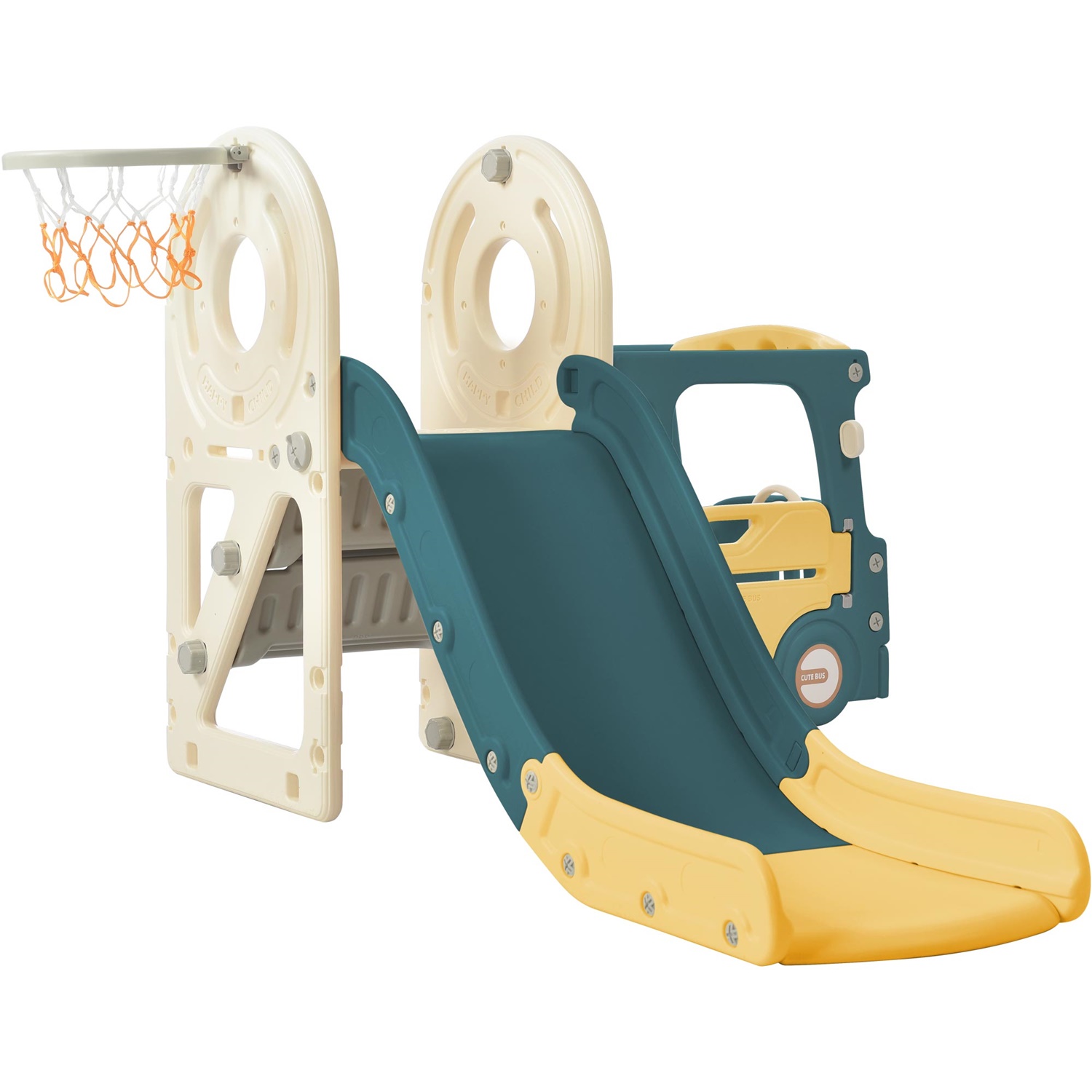 CIPACHO 4 in 1 Kids Slide Playset for Age 1-5, Freestanding Bus Slide Set for Toddlers with Basketball Hoop, Yellow