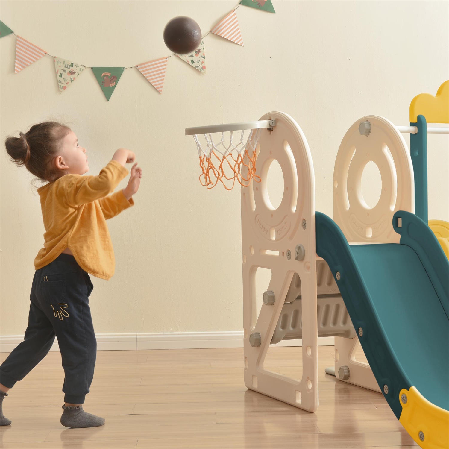 CIPACHO 4 in 1 Kids Slide Playset, Freestanding Bus Slide Set with Basketball Hoop, Yellow