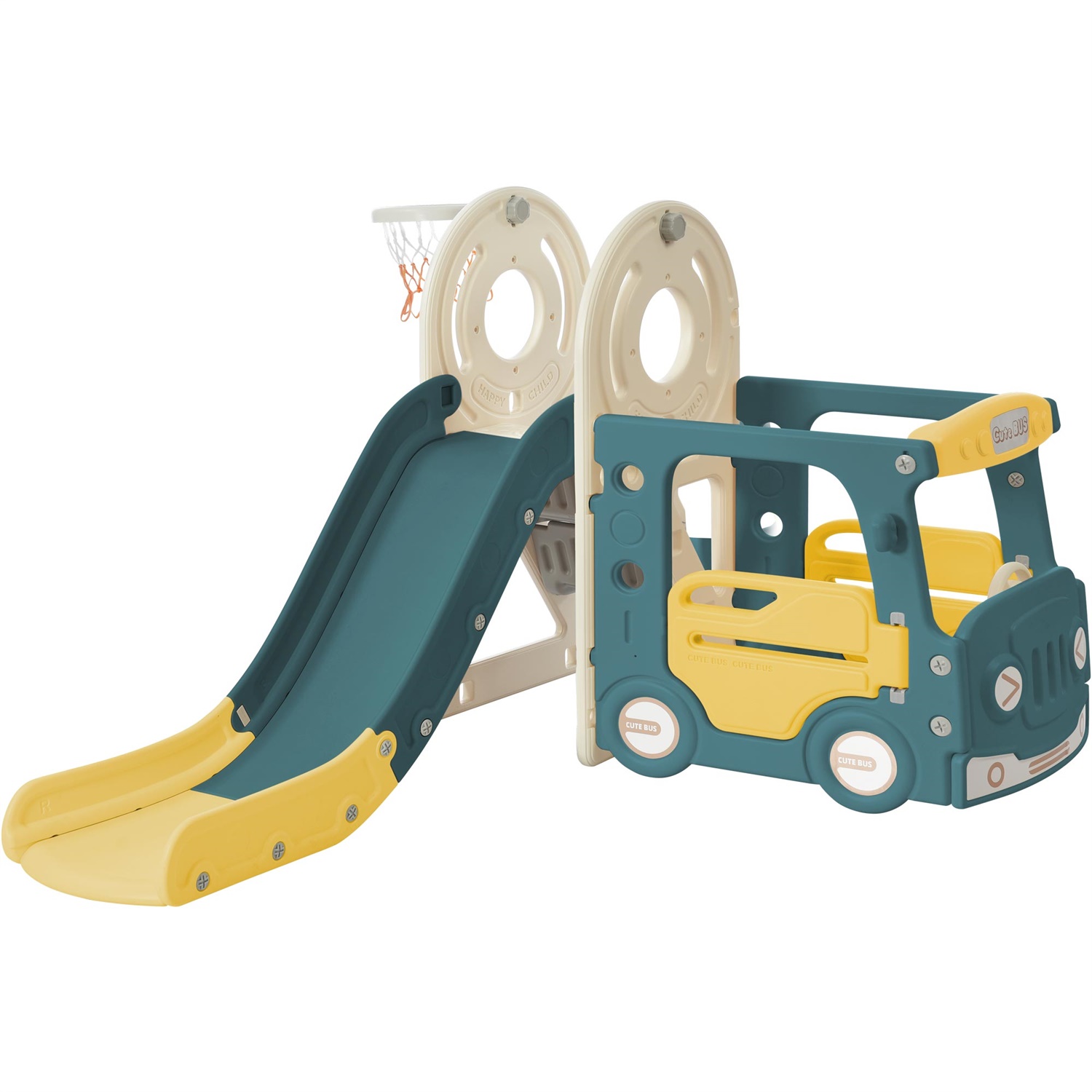 CIPACHO 4 in 1 Kids Slide Playset, Freestanding Bus Slide Set with Basketball Hoop, Yellow