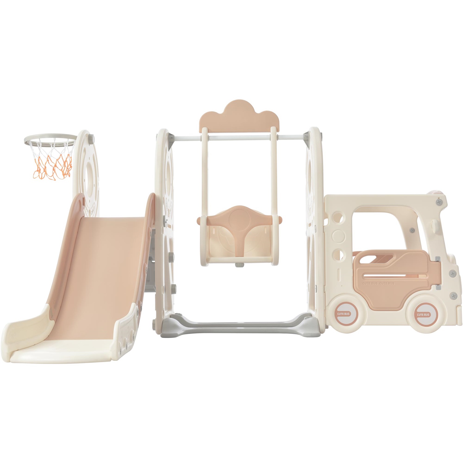 CIPACHO 5 in 1 Kids Playground Climber Slide Playset with Swing, Basketball Hoop, Bus Play Structure, Toddlers Bus Slide Toy for Age 1-5, Beige