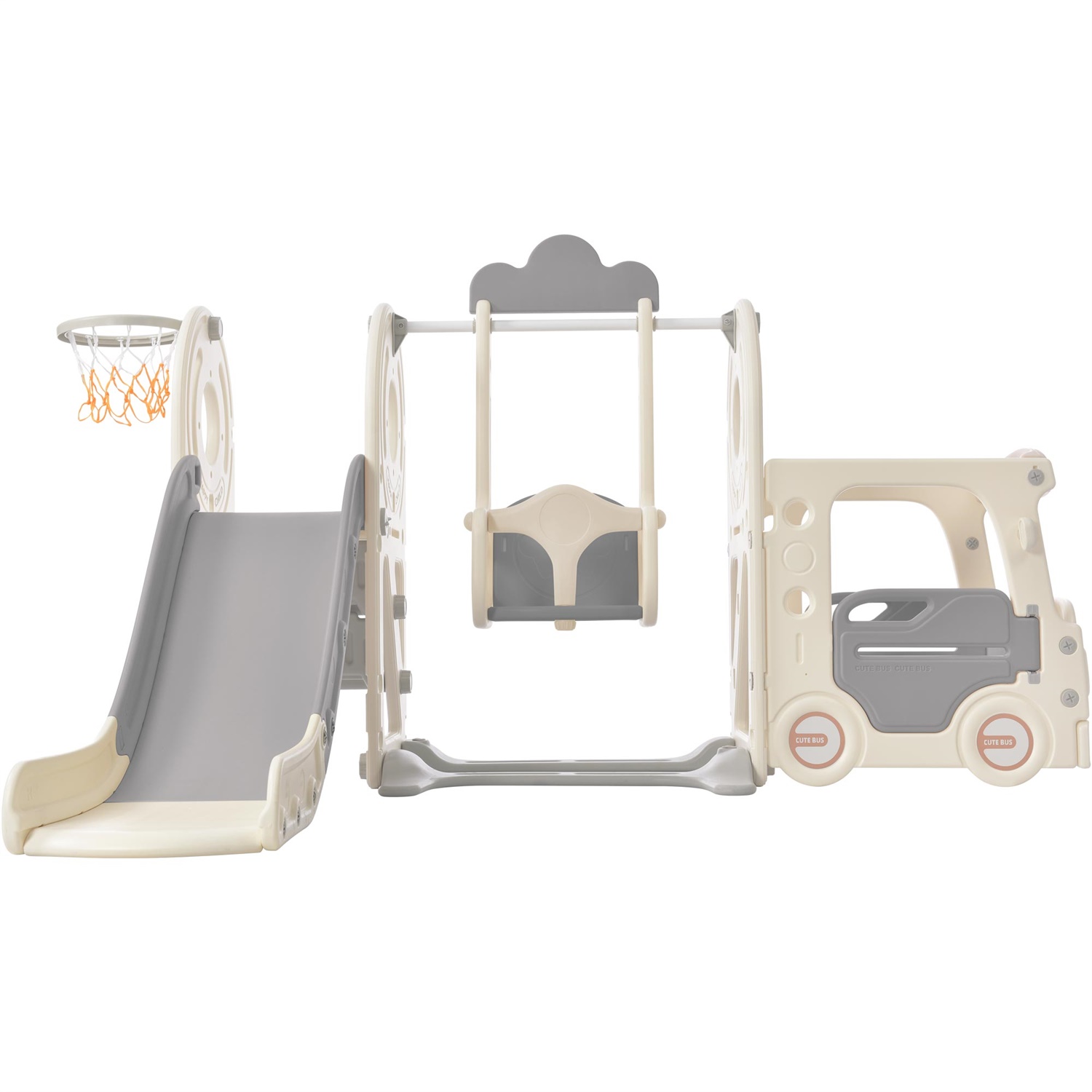 CIPACHO Kids Slide Playset for Age 1-5 Years Old, 5 in 1 Bus Slide Toy with Swing, Basketball Hoop for Toddlers, Gray