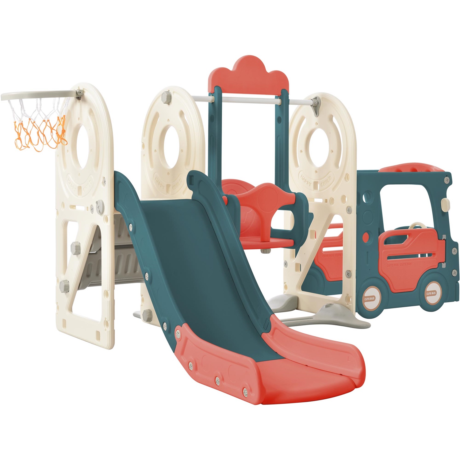 CIPACHO 5 in 1 Kids Playground Climber Slide Playset with Swing, Basketball Hoop, Bus Play Structure, Toddlers Bus Slide Toy for Age 1-5, Red