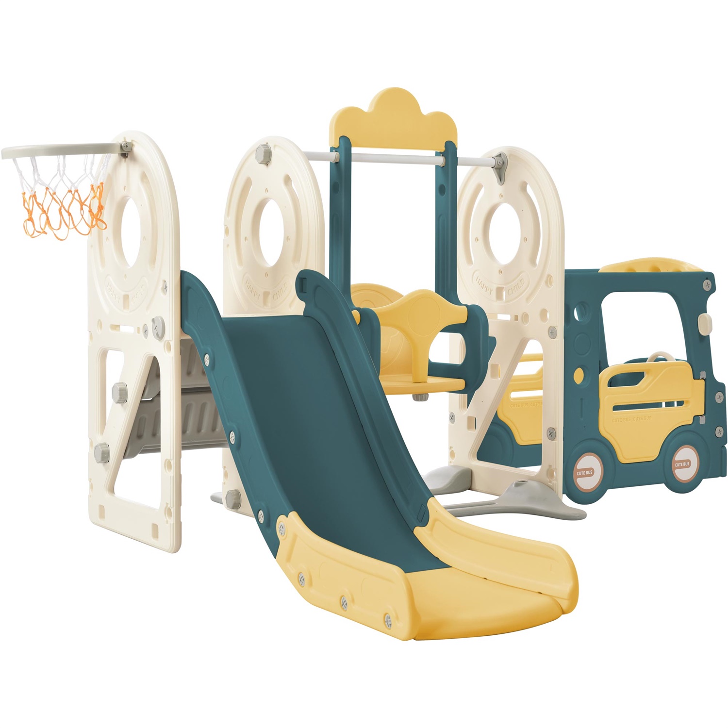 CIPACHO 5 in 1 Kids Playground Climber Slide Playset with Swing, Basketball Hoop, Bus Play Structure, Toddlers Bus Slide Toy for Age 1-5, Yellow