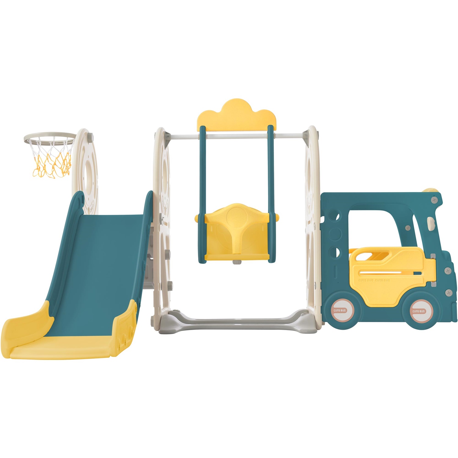 CIPACHO Kids Slide Playset for Age 1-5 Years Old, 5 in 1 Bus Slide Toy with Swing, Basketball Hoop for Toddlers, Yellow