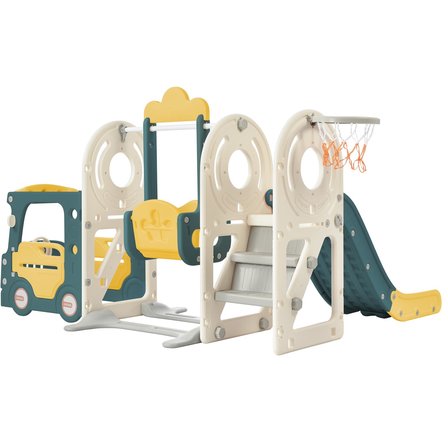 CIPACHO Kids Slide Playset for Age 1-5 Years Old, 5 in 1 Bus Slide Toy with Swing, Basketball Hoop for Toddlers, Yellow