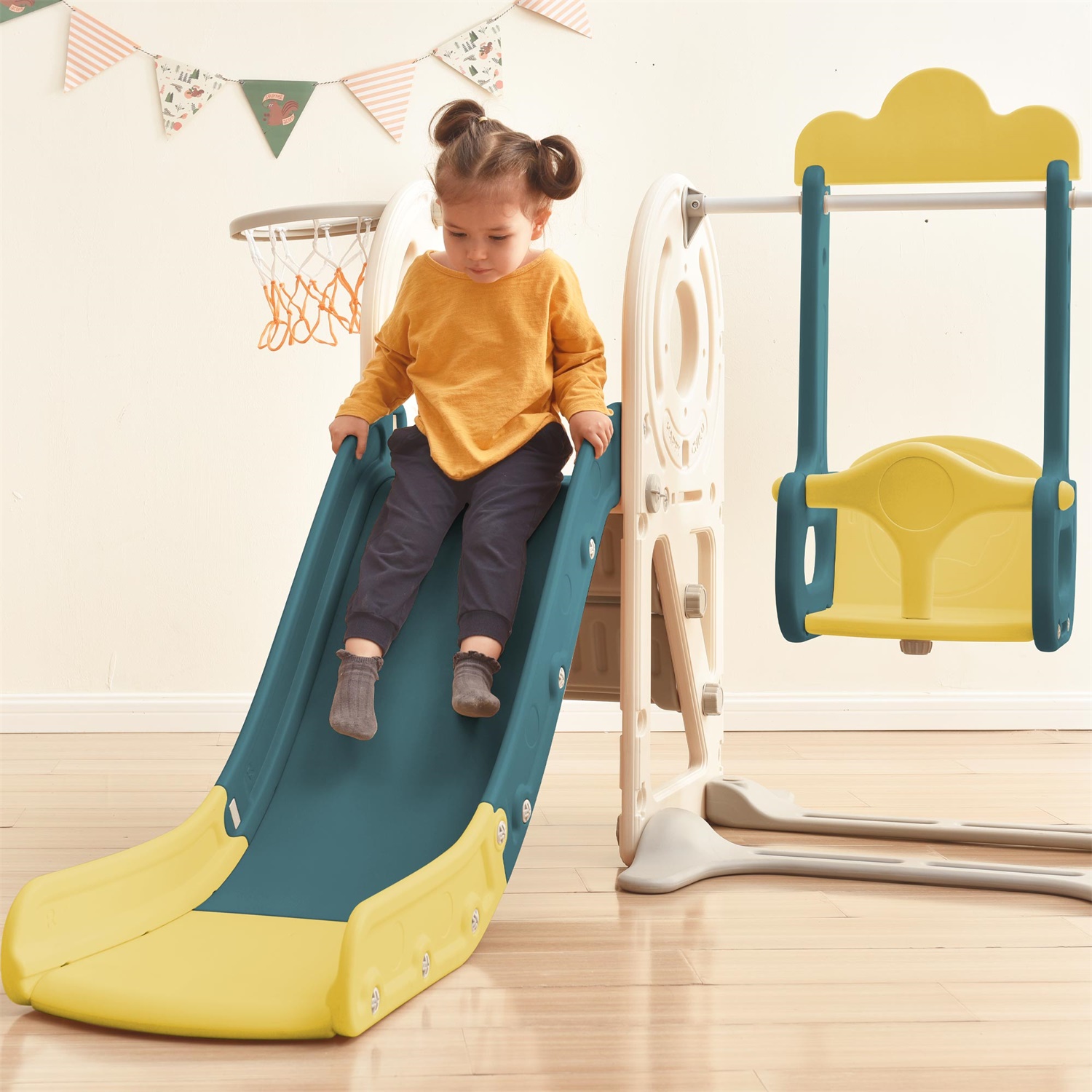 CIPACHO Kids Slide Playset for Age 1-5 Years Old, 5 in 1 Bus Slide Toy with Swing, Basketball Hoop for Toddlers, Yellow