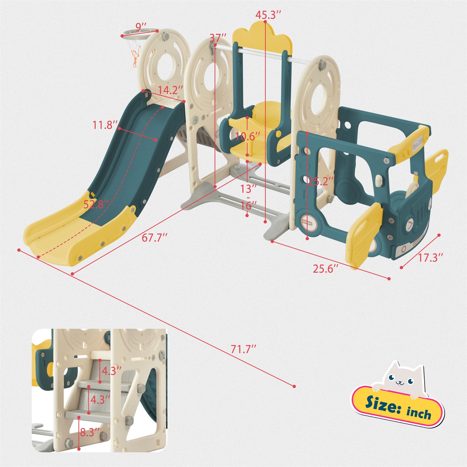 CIPACHO 5 in 1 Kids Playground Climber Slide Playset with Swing, Basketball Hoop, Bus Play Structure, Toddlers Bus Slide Toy for Age 1-5, Yellow