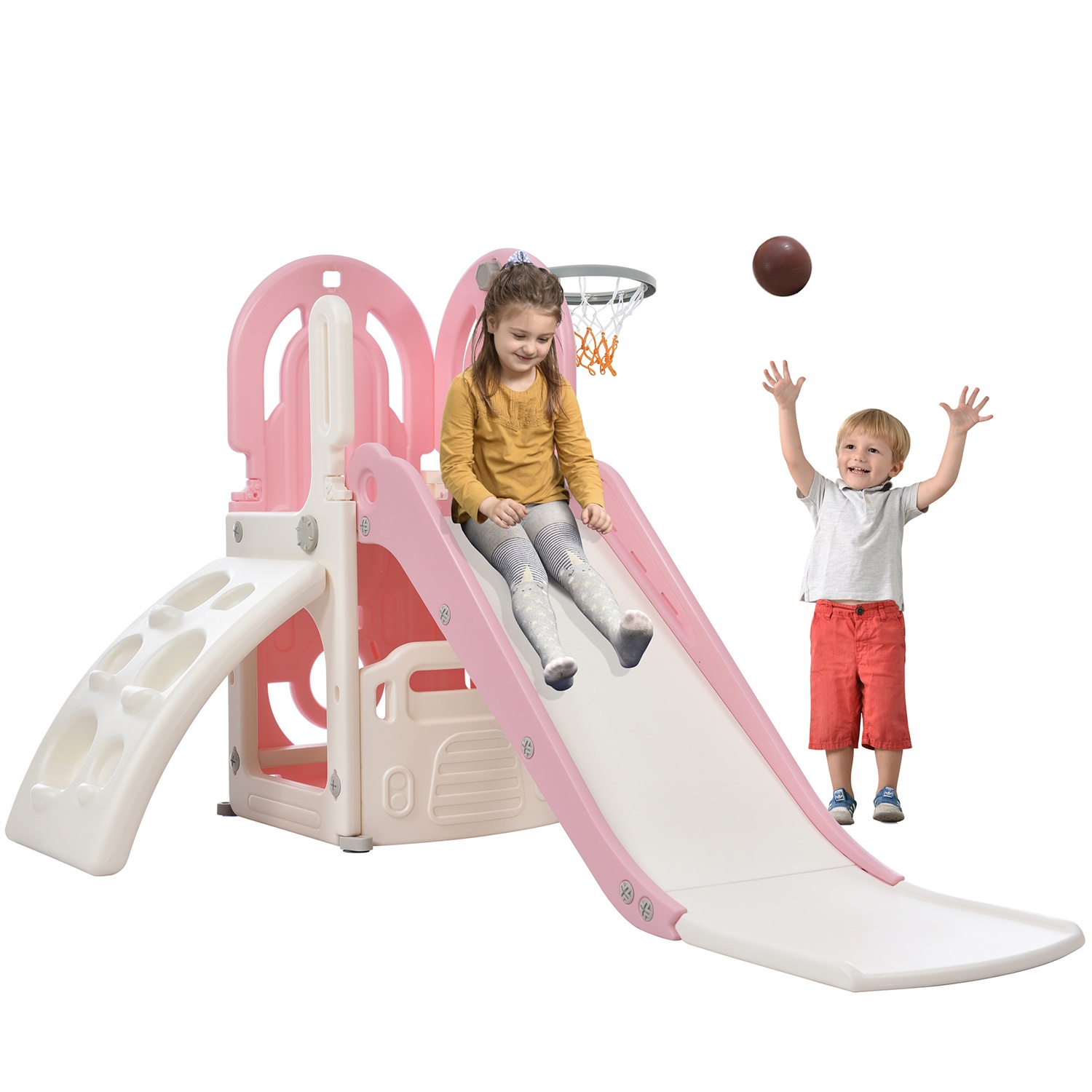 CIPACHO Toddler Climber and Slide Set 4 in 1, Kids Playground with Basketball Hoop, Climbing Ramp for Age 1-5, Pink