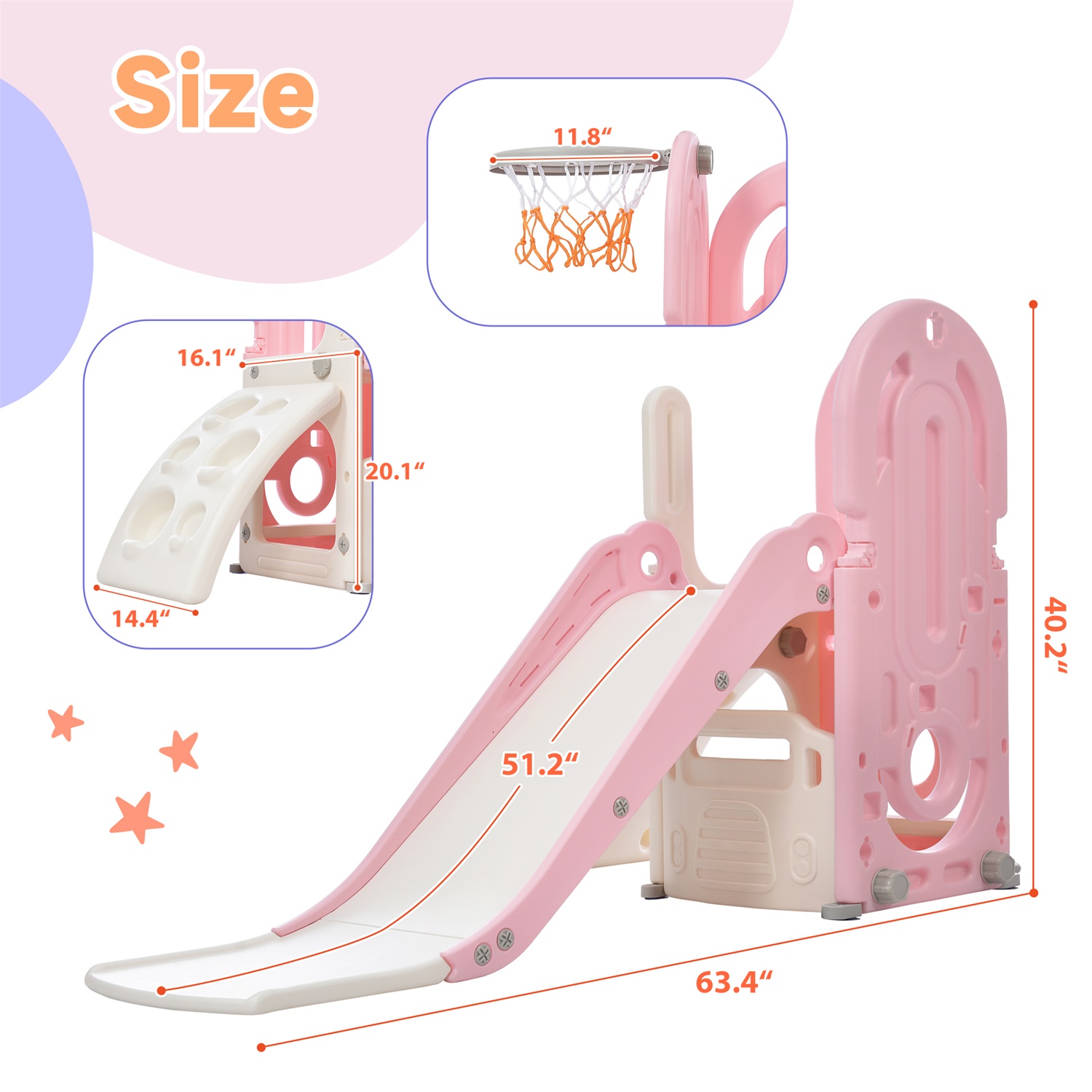 CIPACHO 4 in 1 Kids Slide Playset, Indoor Outdoor Babies Play Combination with Basketball Hoop, Climbing Ramp, Slide, Hidden Space, Pink