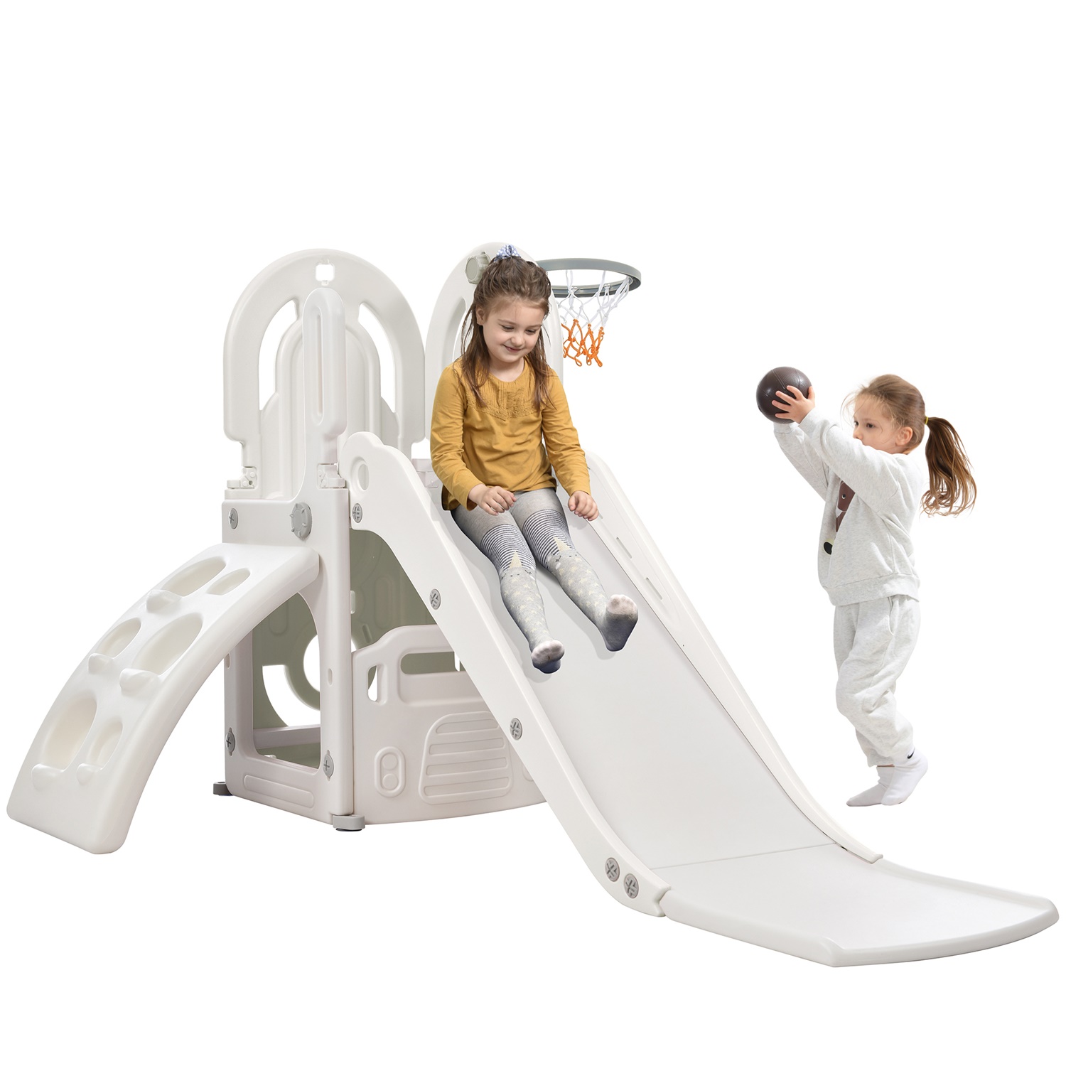 CIPACHO 4 in 1 Kids Slide Playset, Indoor Outdoor Babies Play Combination with Basketball Hoop, Climbing Ramp, Slide, Hidden Space, Gray