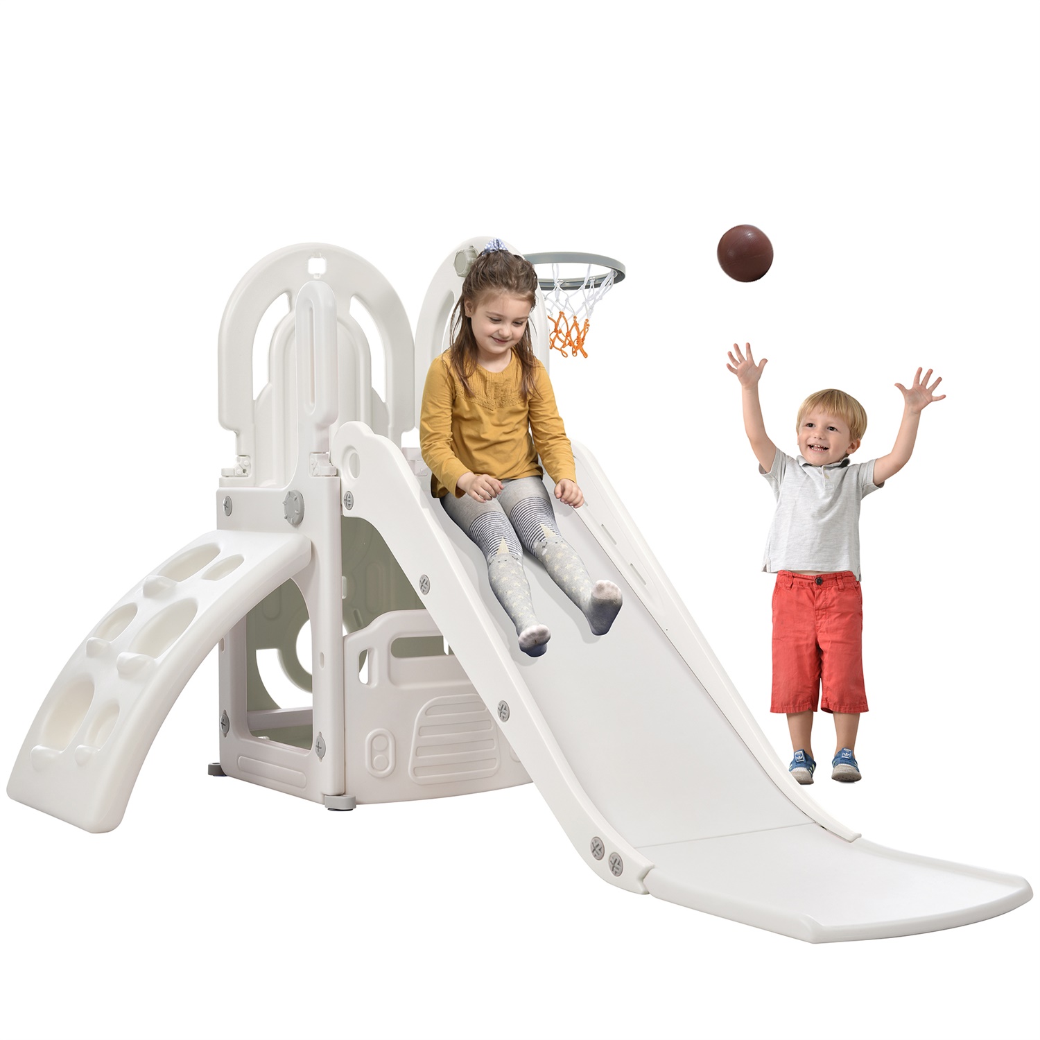 CIPACHO Toddler Climber and Slide Set 4 in 1, Kids Playground with Basketball Hoop, Climbing Ramp for Age 1-5, Gray