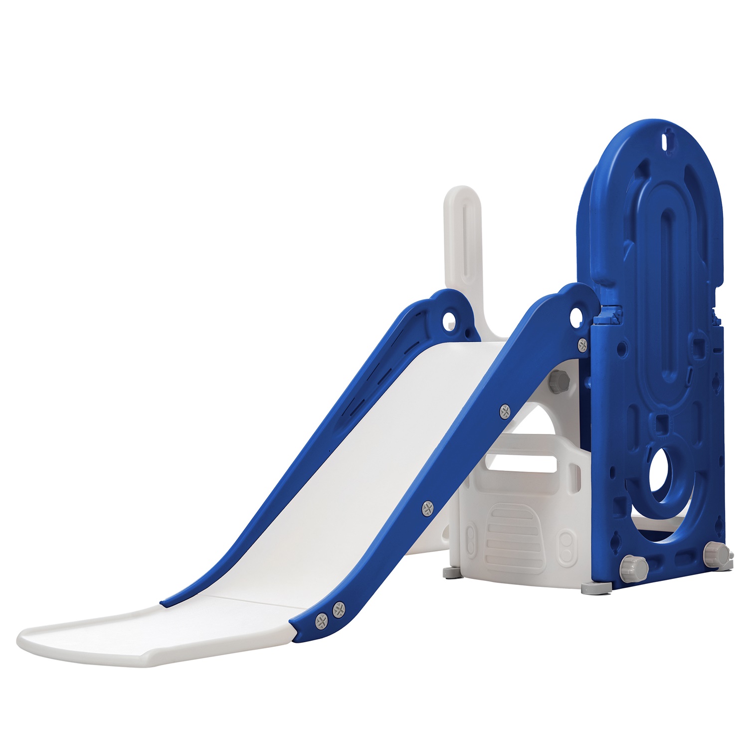 CIPACHO 4 in 1 Kids Slide Playset, Indoor Outdoor Babies Play Combination with Basketball Hoop, Climbing Ramp, Slide, Hidden Space, Blue