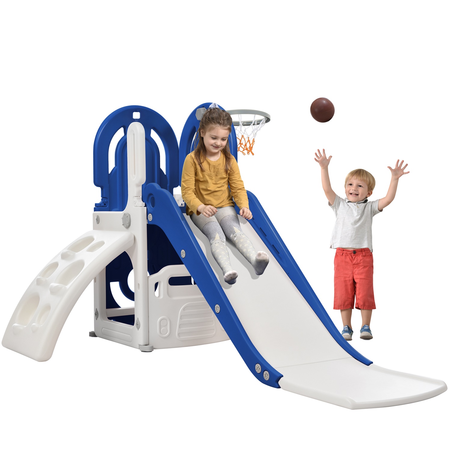 CIPACHO Toddler Climber and Slide Set 4 in 1, Kids Playground with Basketball Hoop, Climbing Ramp for Age 1-5, Blue