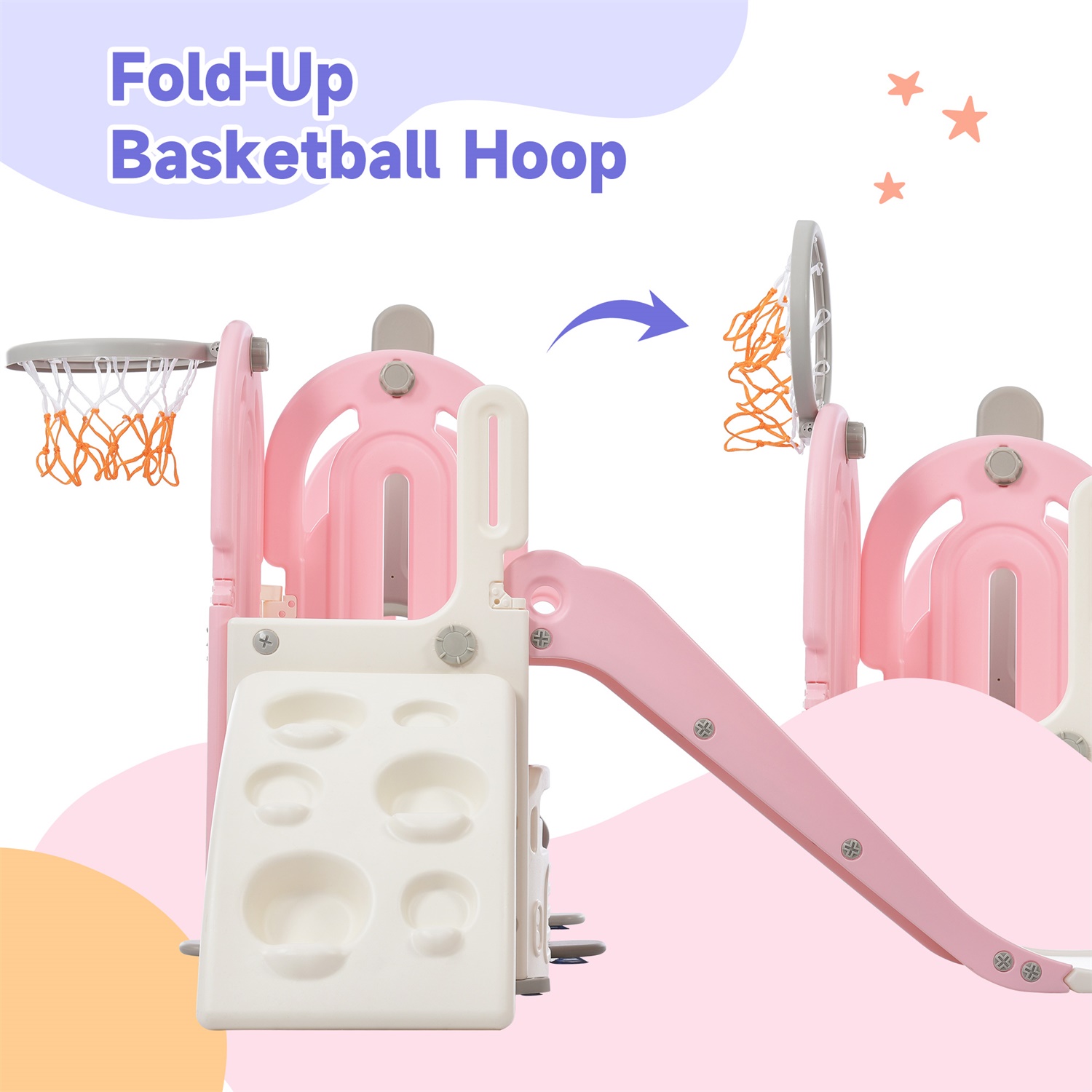 CIPACHO 5 in 1 Kids Slide Playset with Basketball Hoop, Climbing Ramp, Swing, Hidden Space, Indoor Outdoor Kids Playground, Pink