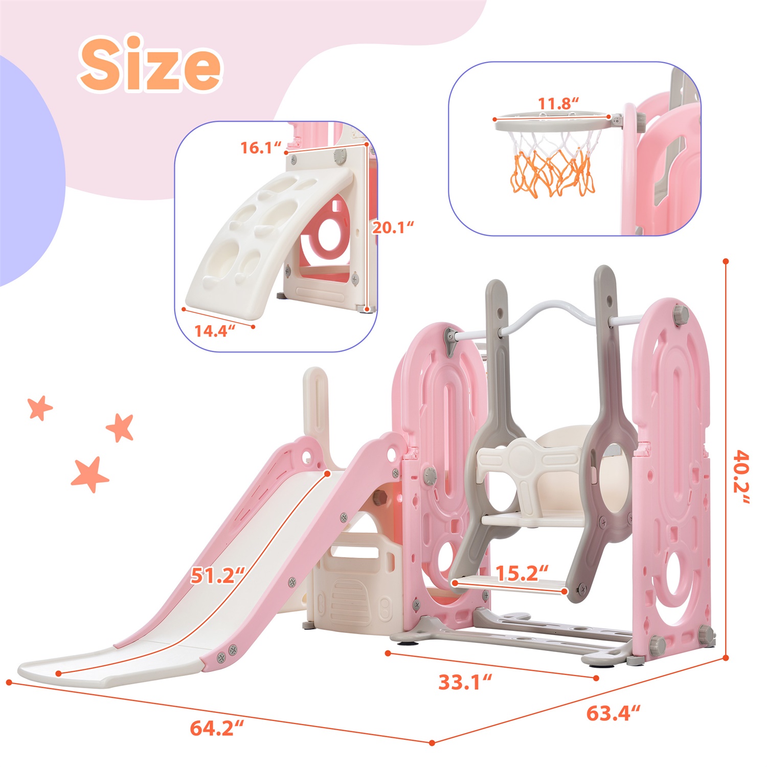 CIPACHO Toddler Climber and Slide Set 5 in 1, Kids Playground with Basketball Hoop, Climbing Ramp, Swing for Age 1-5, Pink