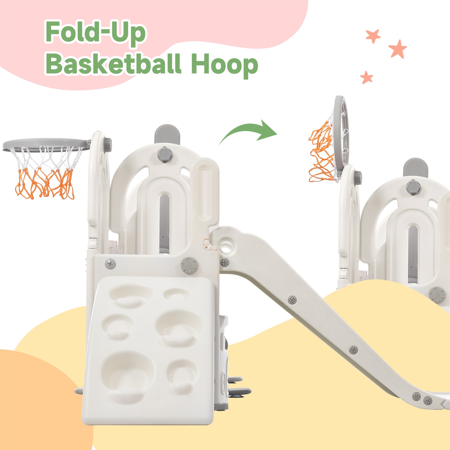 CIPACHO 5 in 1 Kids Slide Playset with Basketball Hoop, Climbing Ramp, Swing, Hidden Space, Indoor Outdoor Kids Playground, Gray