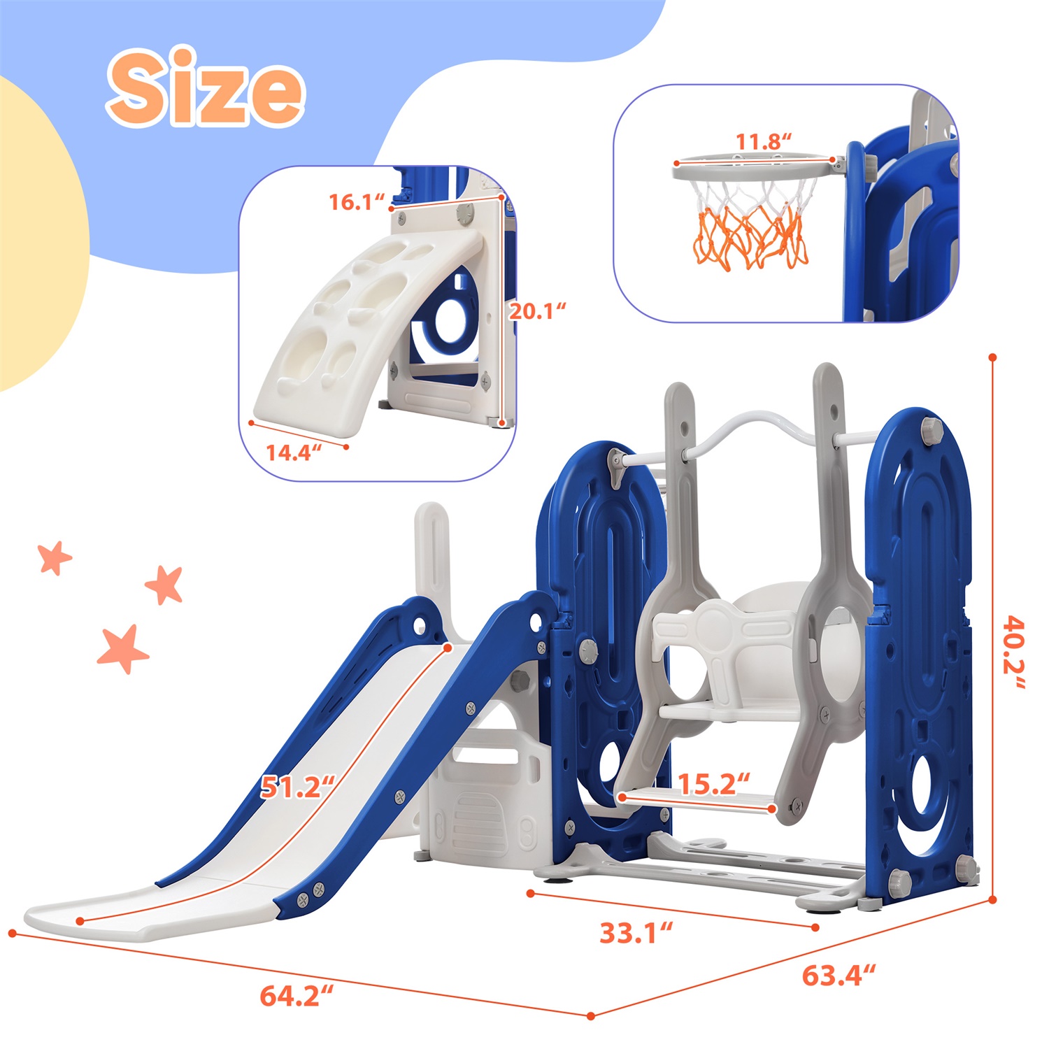 CIPACHO Toddler Climber and Slide Set 5 in 1, Kids Playground with Basketball Hoop, Climbing Ramp, Swing for Age 1-5, Blue