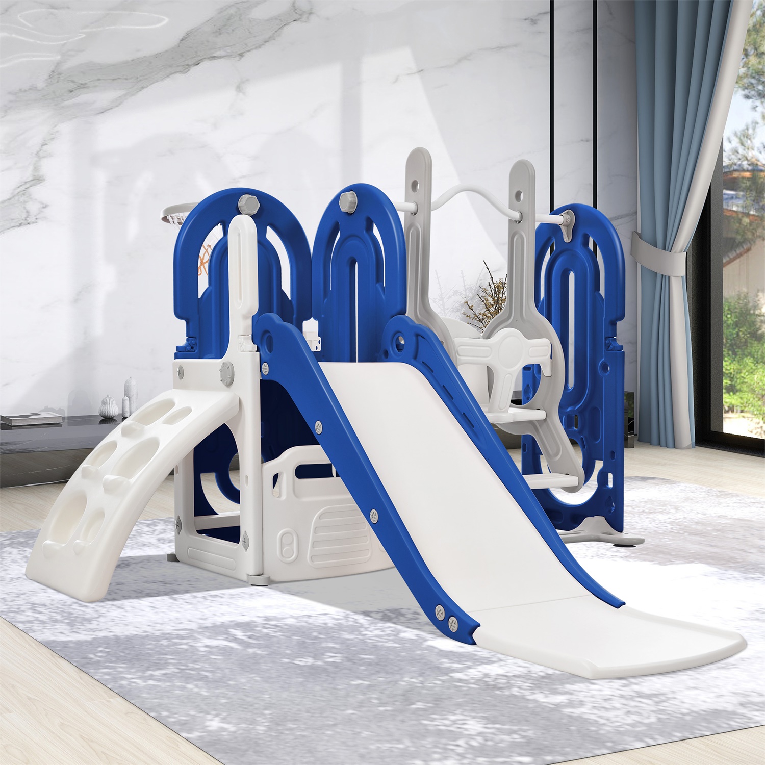 CIPACHO Toddler Climber and Slide Set 5 in 1, Kids Playground with Basketball Hoop, Climbing Ramp, Swing for Age 1-5, Blue