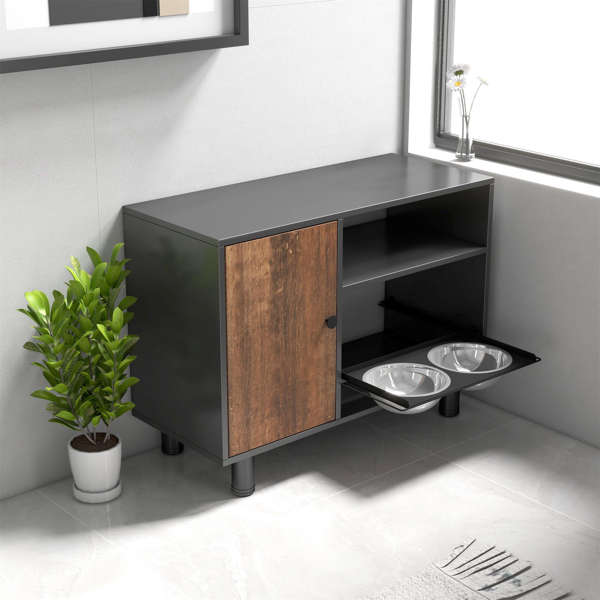 Pefilos 31" Dog Food Storage Cabinet, Large Pet Feeding Station with Stainless Steel Double Pull Out Raised Dog Bowls, Cat Toy Storage Containers Furniture, Black