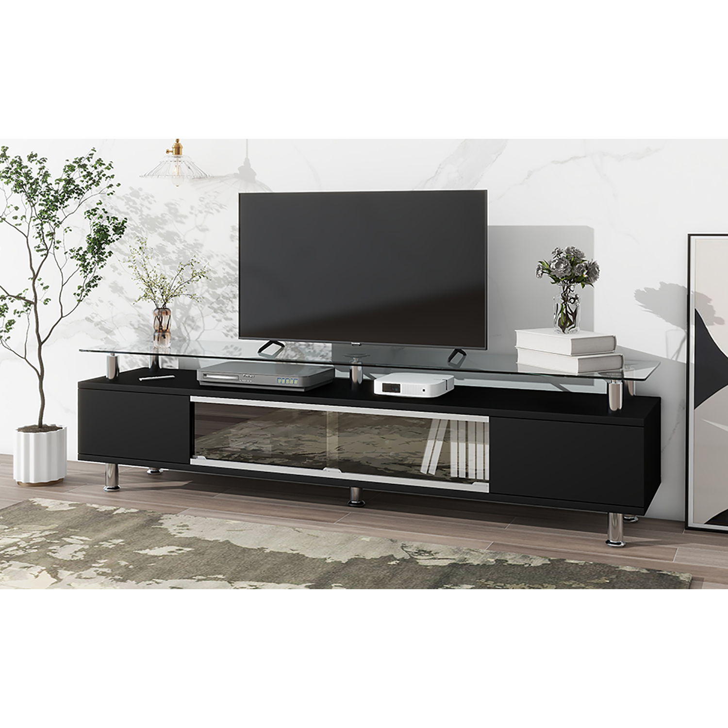 Kadyn TV Stand, Entertainment Center TV Console with Sliding Glass Door and Drawers for TV Up to 70", Black