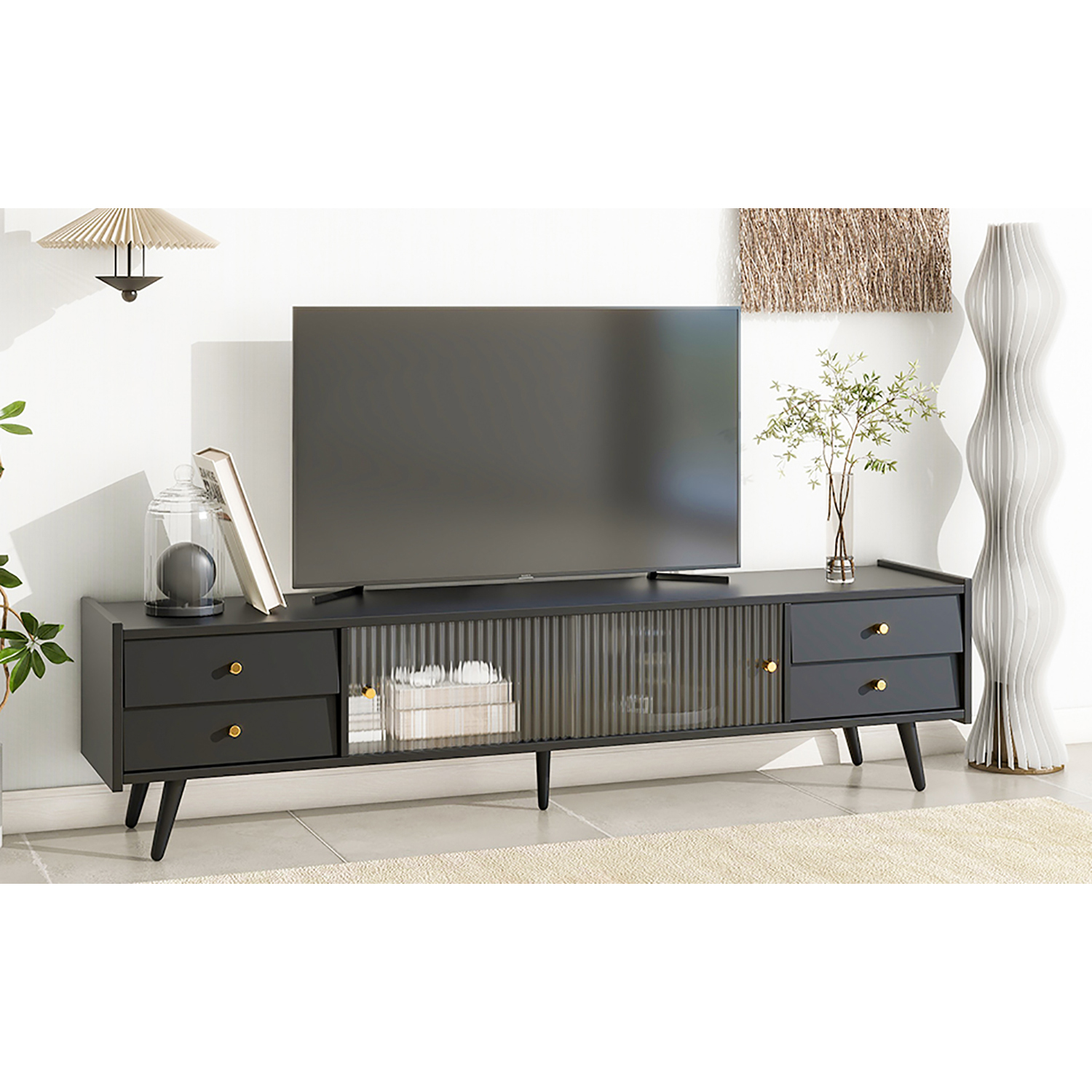 Kadyn MDF TV Stand, Entertainment Center TV Console with Sliding Fluted Glass Doors for TVs Up to 70", Black