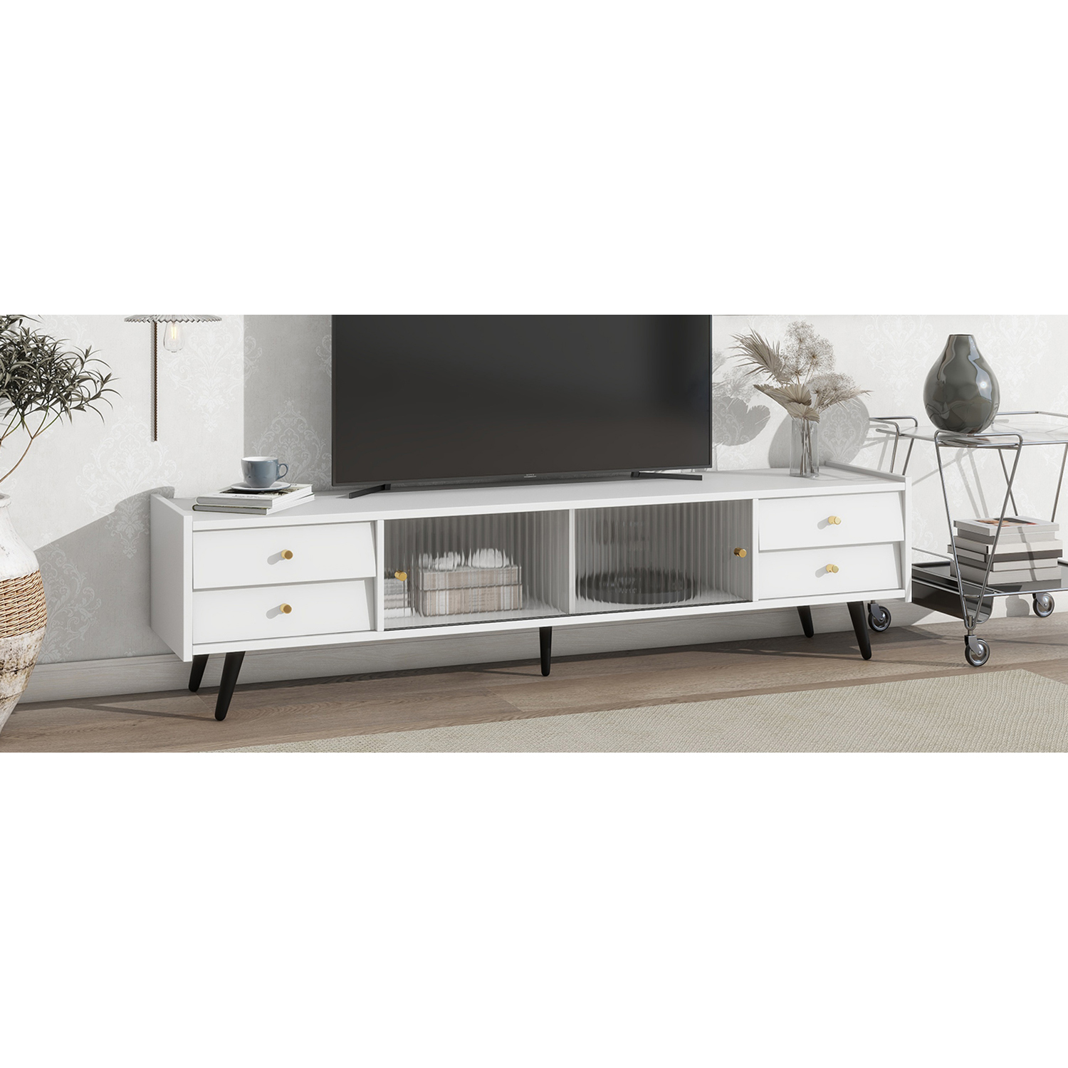 Kadyn MDF TV Stand, Entertainment Center TV Console with Sliding Fluted Glass Doors for TVs Up to 70", White