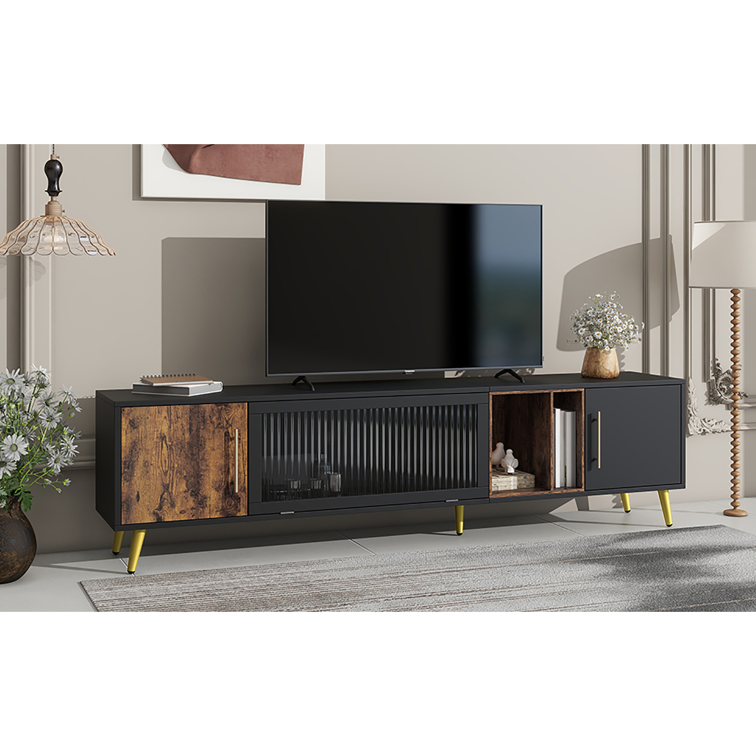 Kadyn Glass Door TV Stand Console, TV Entertainment Center with Golden Metal Handles&Legs for TVs Up to 80", Black