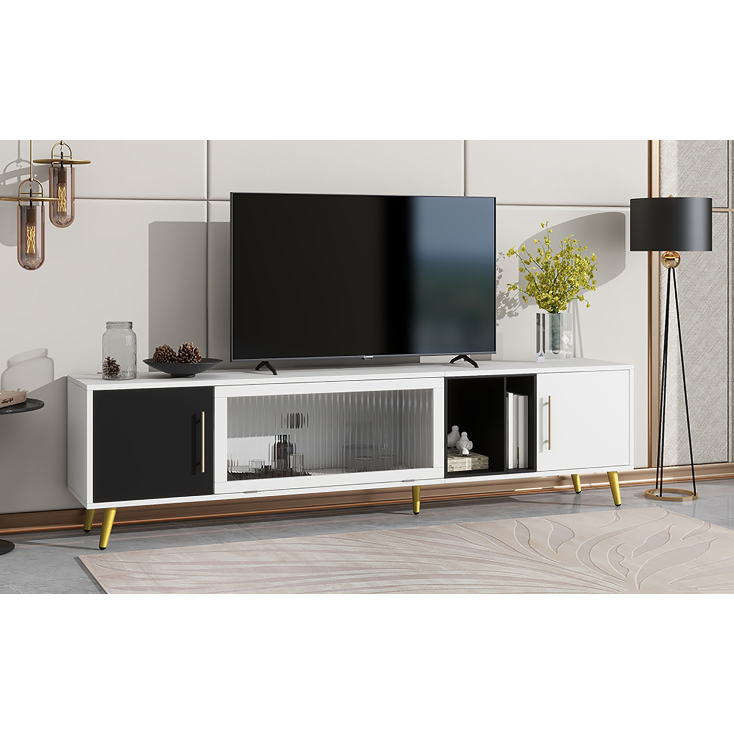 Kadyn Glass Door TV Stand Console, TV Entertainment Center with Golden Metal Handles&Legs for TVs Up to 80", White