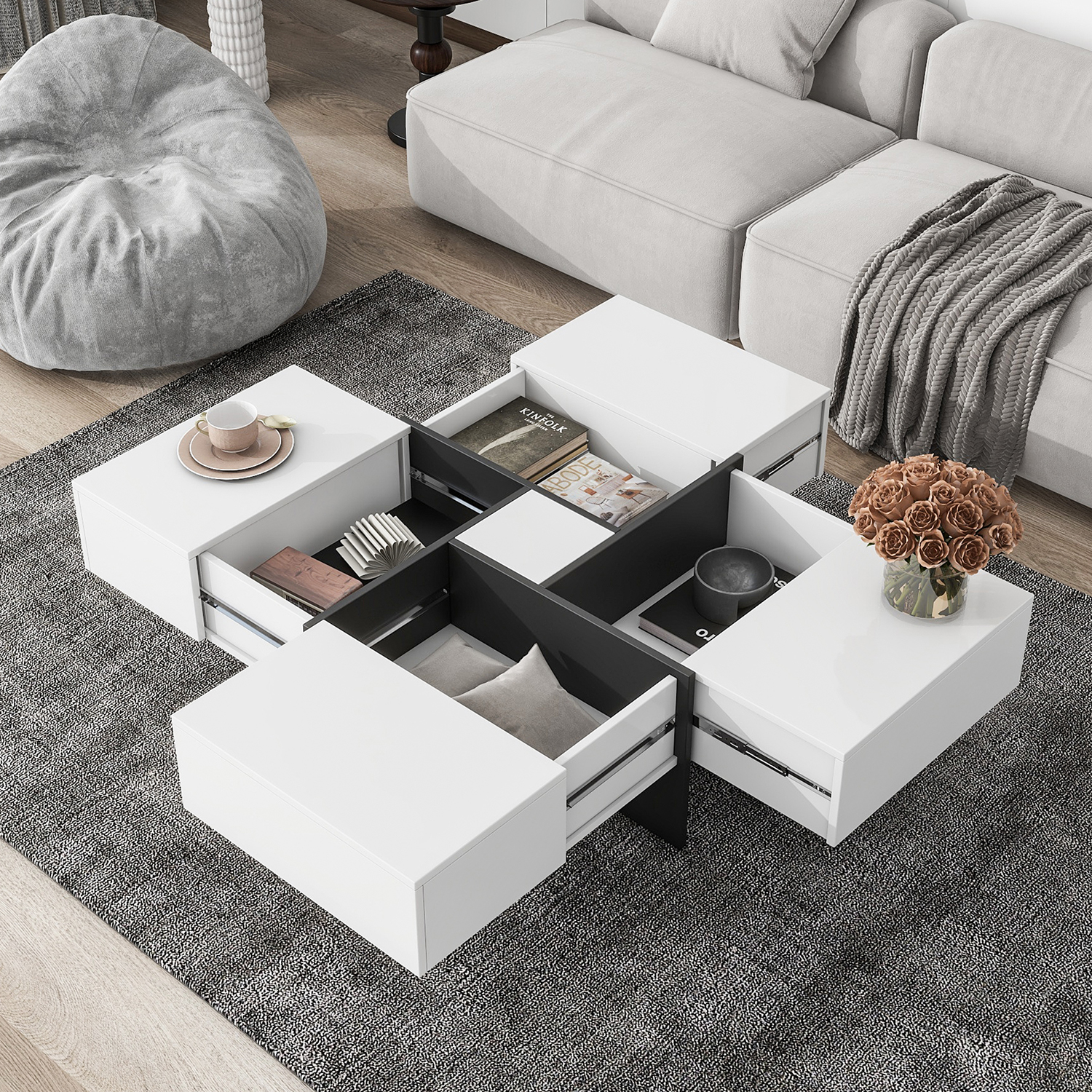 Kadyn Coffee Table, Square Cocktail Table with 4 Hidden Storage Compartments and Extendable Sliding Tabletop, White