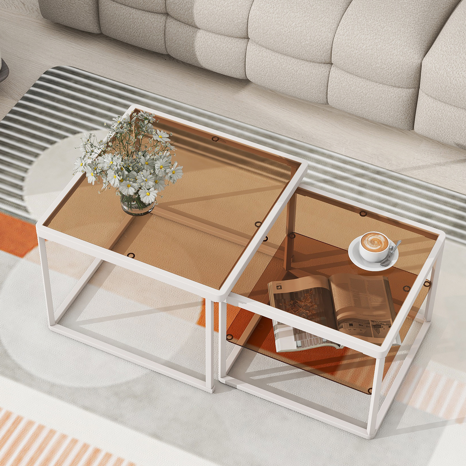 Kadyn Nested Coffee Table Set, Tea Table with Metal Frame, Tempered Glass Sofa Center Table, White