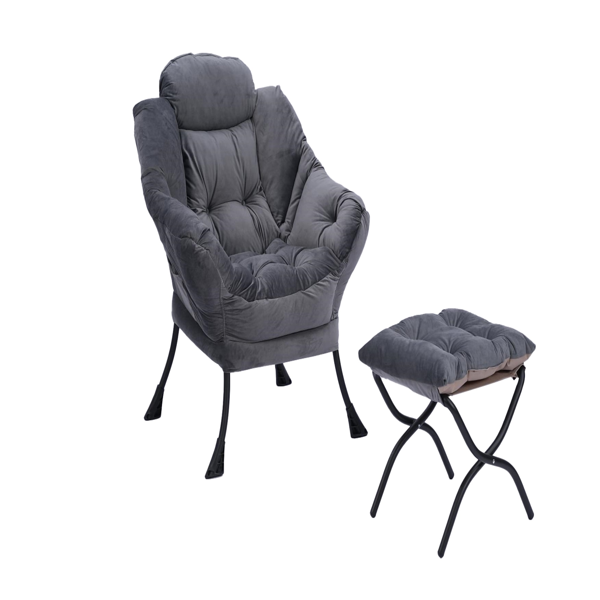 Spaco Modern Cotton Fabric Lazy Chair, Chair with Ottoman Set Armrests and A Side Pocket, Dark Gray