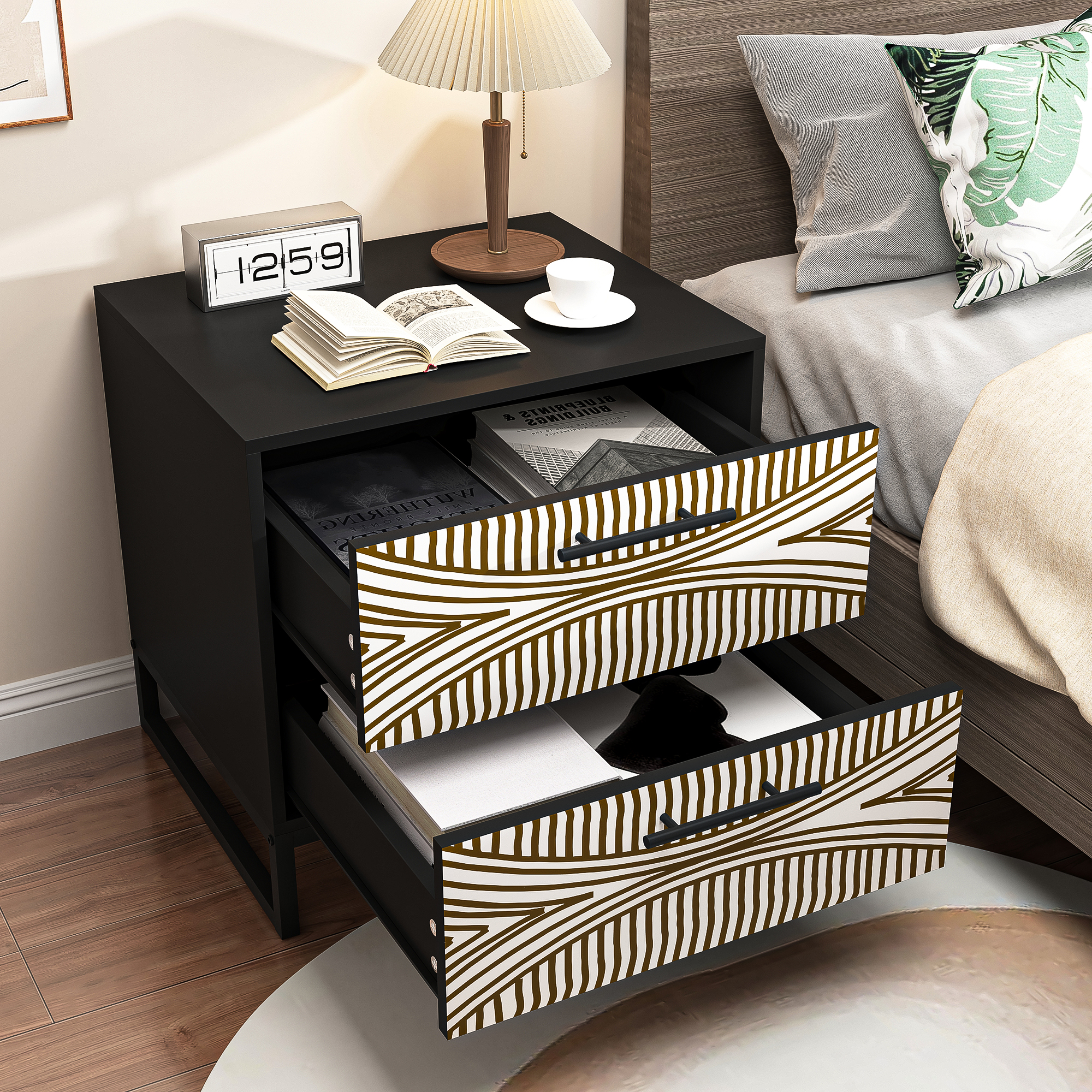 Spaco Pattern Night stand with 2 Drawers, Bedroom Nightstand Bedside Table, Black