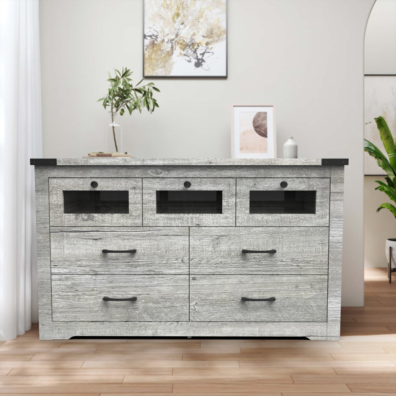 Resenkos 6-Drawer Cement Grey Rustic Wood Dresser with LED Glass Drawer Resenkos 6-Drawer Cement Grey Rustic Wood Dresser with LED Glass Drawer