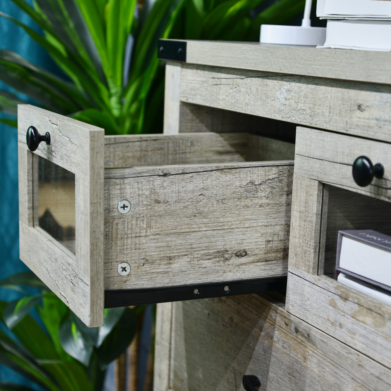 Resenkos 6-Drawer Cement Grey Rustic Wood Dresser with LED Glass Drawer Resenkos 6-Drawer Cement Grey Rustic Wood Dresser with LED Glass Drawer