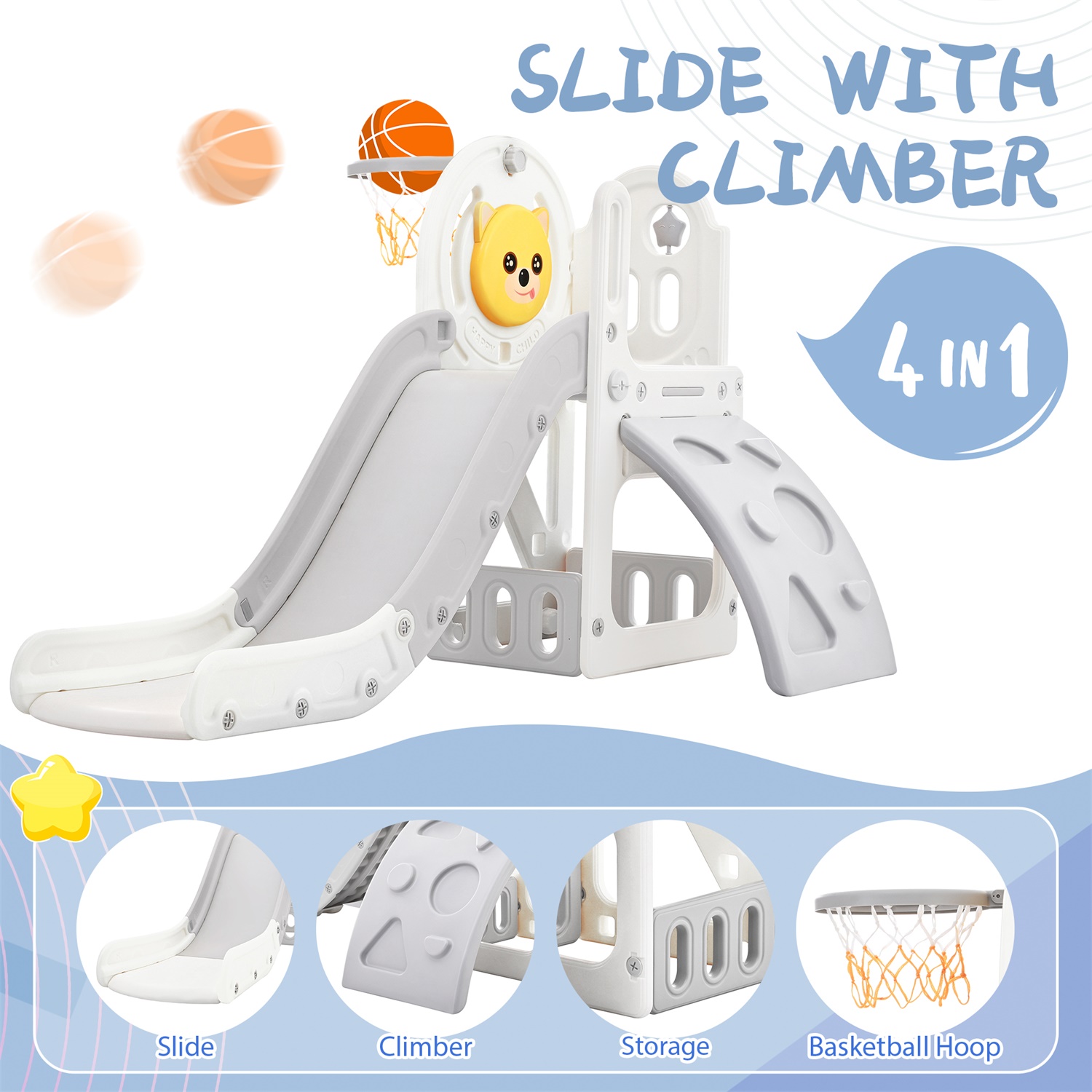 CIPACHO 4 in 1 Kids Slide Playset for Age 2-5, Indoor Outdoor Children's Playground with Basketball Hoop, Climbing Ramp, Slide, Hidden Space, Gray