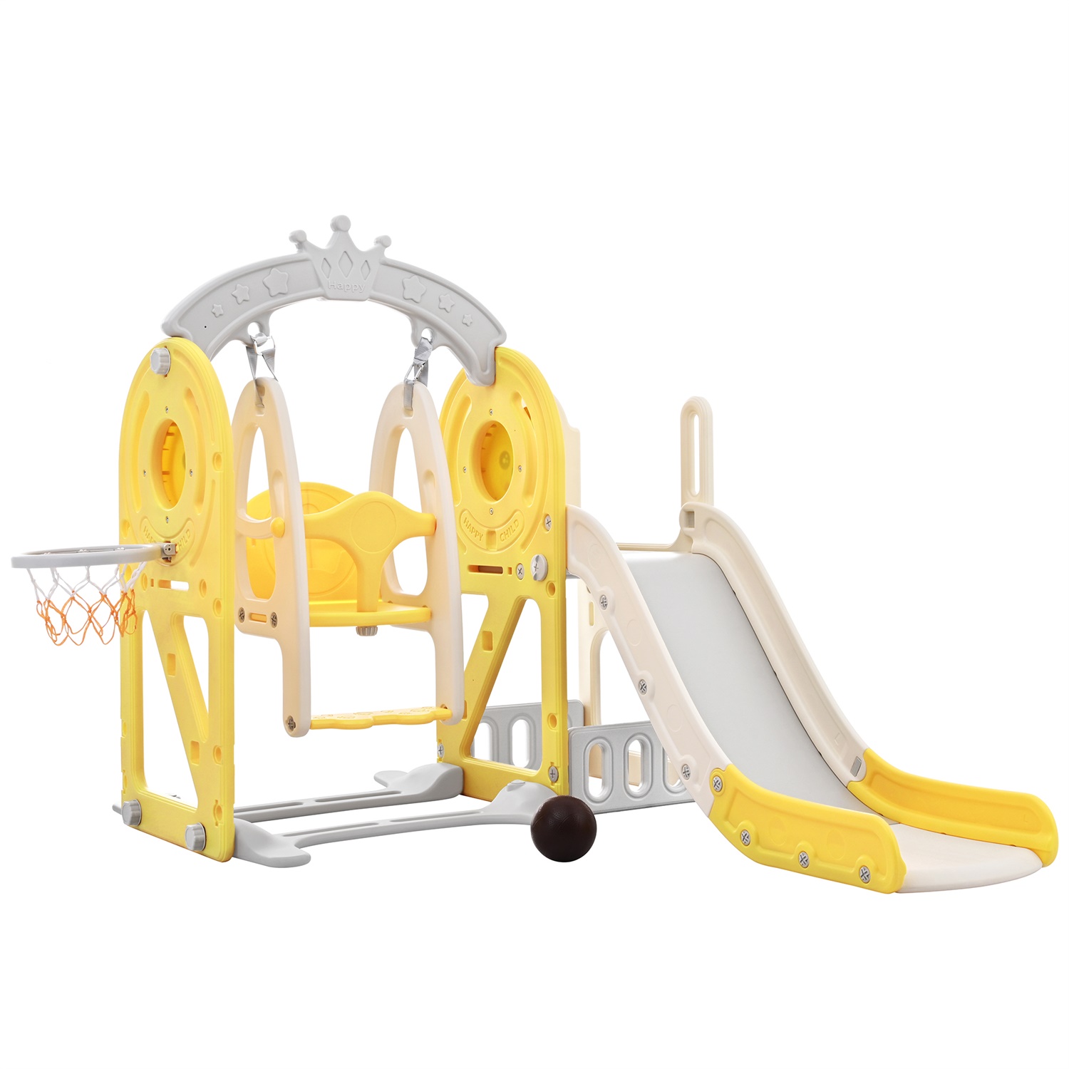 CIPACHO Kids Swing and Slide Set 5 in 1, Children's Playground with Basketball Hoop, Climbing Ramp, Hidden Space for Age 2-5, Yellow