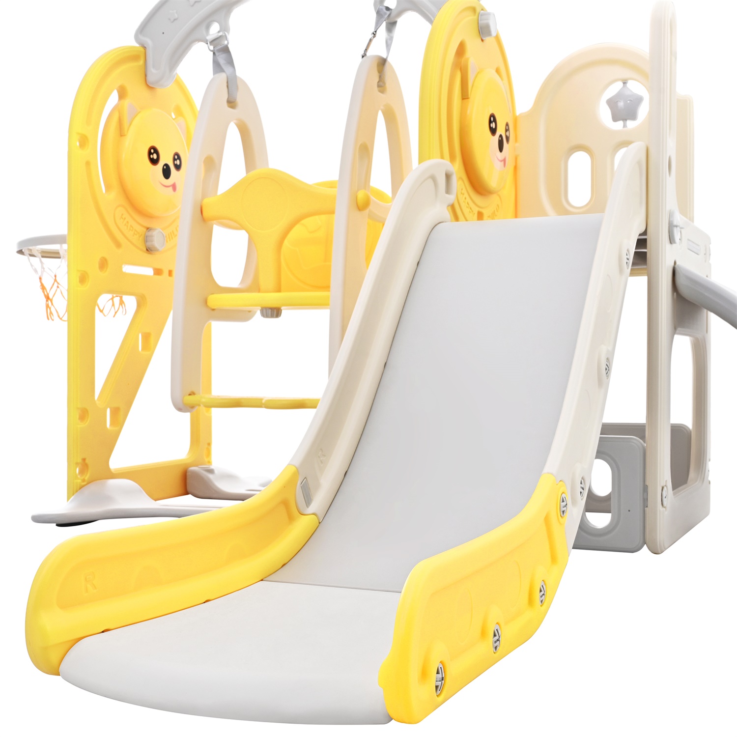 CIPACHO Kids Swing and Slide Set 5 in 1, Children's Playground with Basketball Hoop, Climbing Ramp, Hidden Space for Age 2-5, Yellow