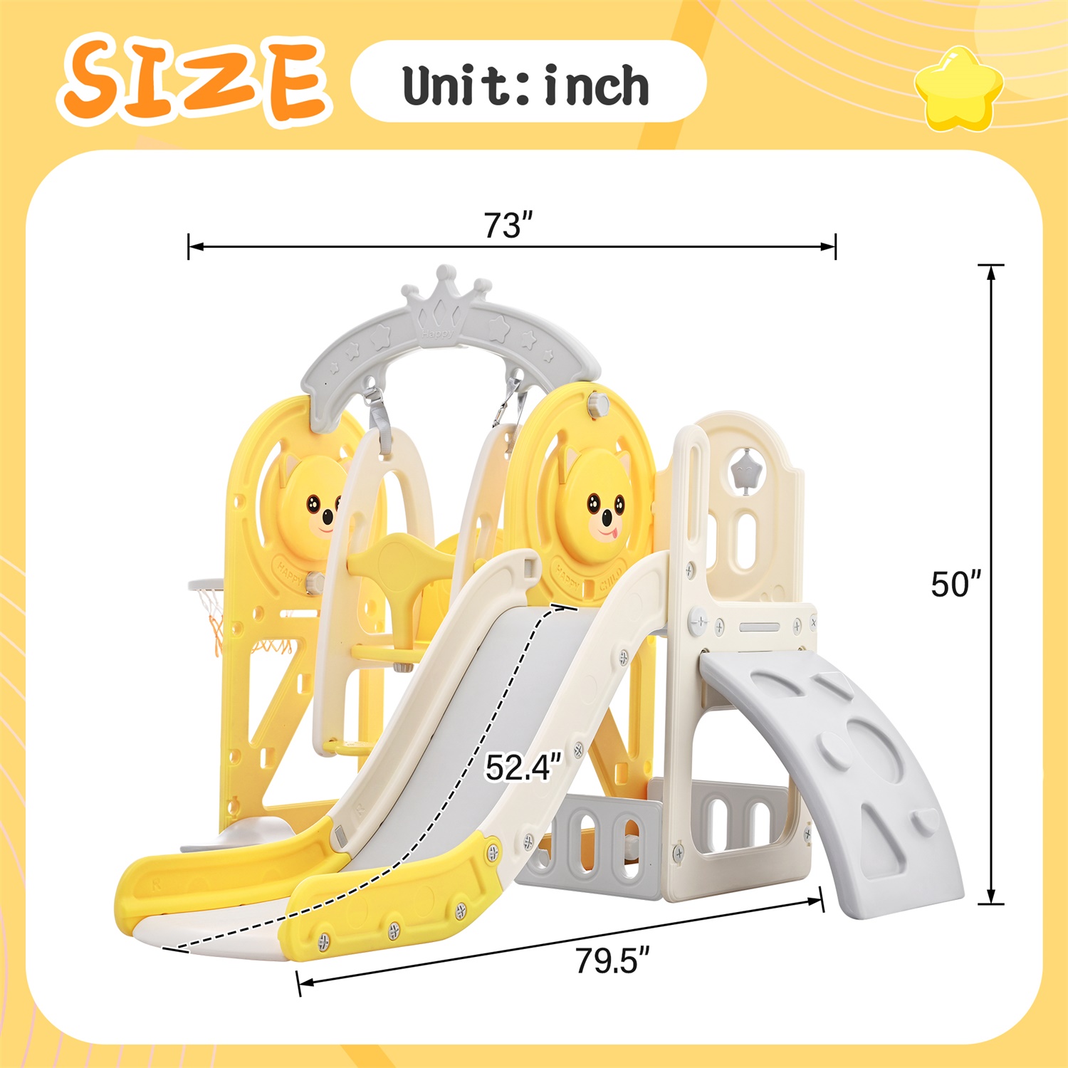 CIPACHO Kids Swing and Slide Set 5 in 1, Children's Playground with Basketball Hoop, Climbing Ramp, Hidden Space for Age 2-5, Yellow